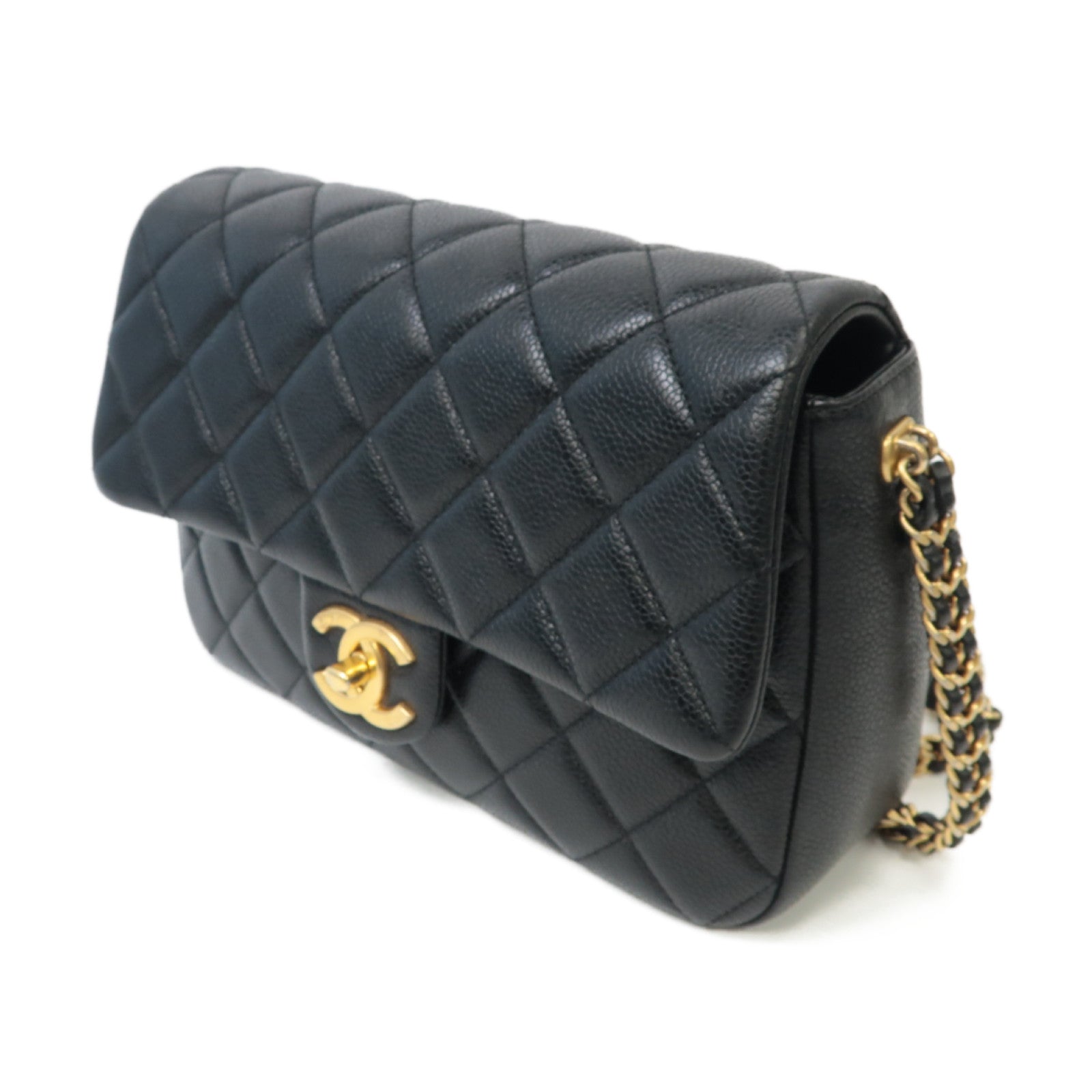 CHANEL 菱格Caviar皮革Chain Shoulder金扣鏈帶肩背袋黑色