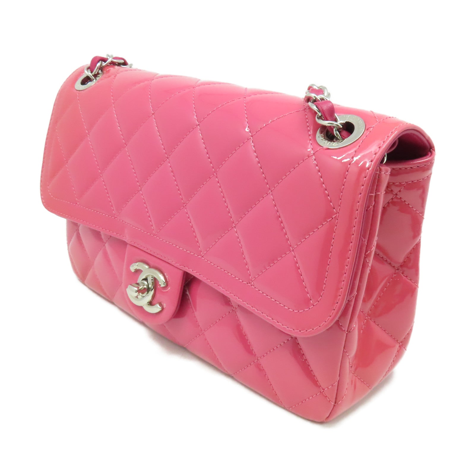 CHANEL 【激減優惠】菱格漆皮皮革Chain Shoulder Bag銀扣鏈帶肩背袋粉紅色