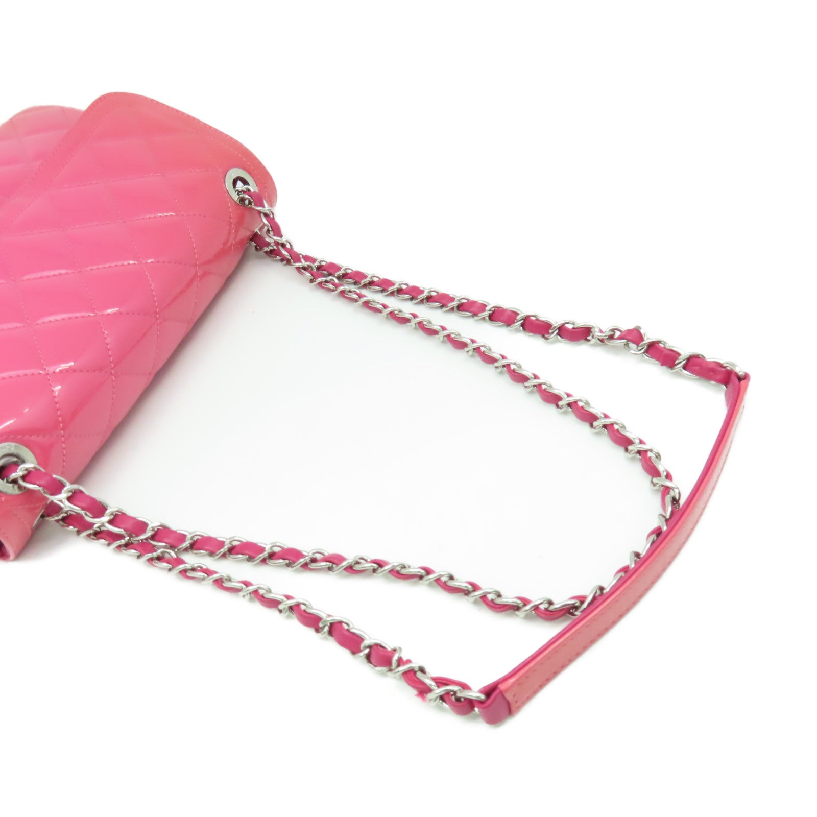 CHANEL 【激減優惠】菱格漆皮皮革Chain Shoulder Bag銀扣鏈帶肩背袋粉紅色