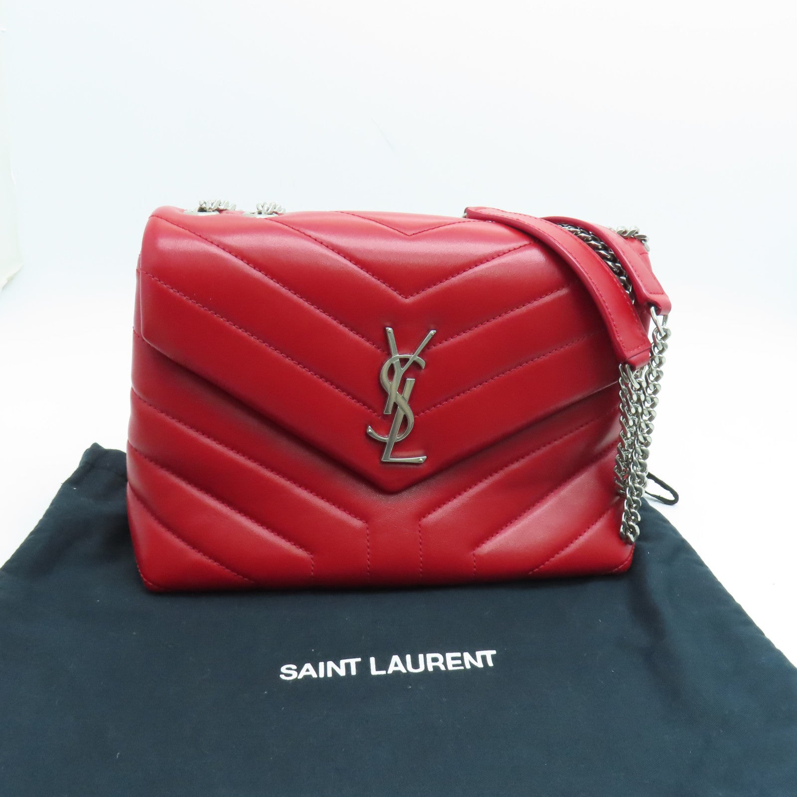 SAINT LAURENT 牛皮皮革Lou Lou鏈帶肩背袋銀扣紅色