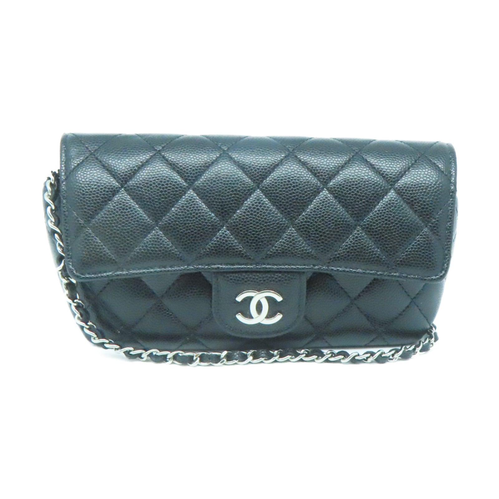 CHANEL 菱格Caviar皮革Chain Shoulder Bag银扣链带肩背袋黑色