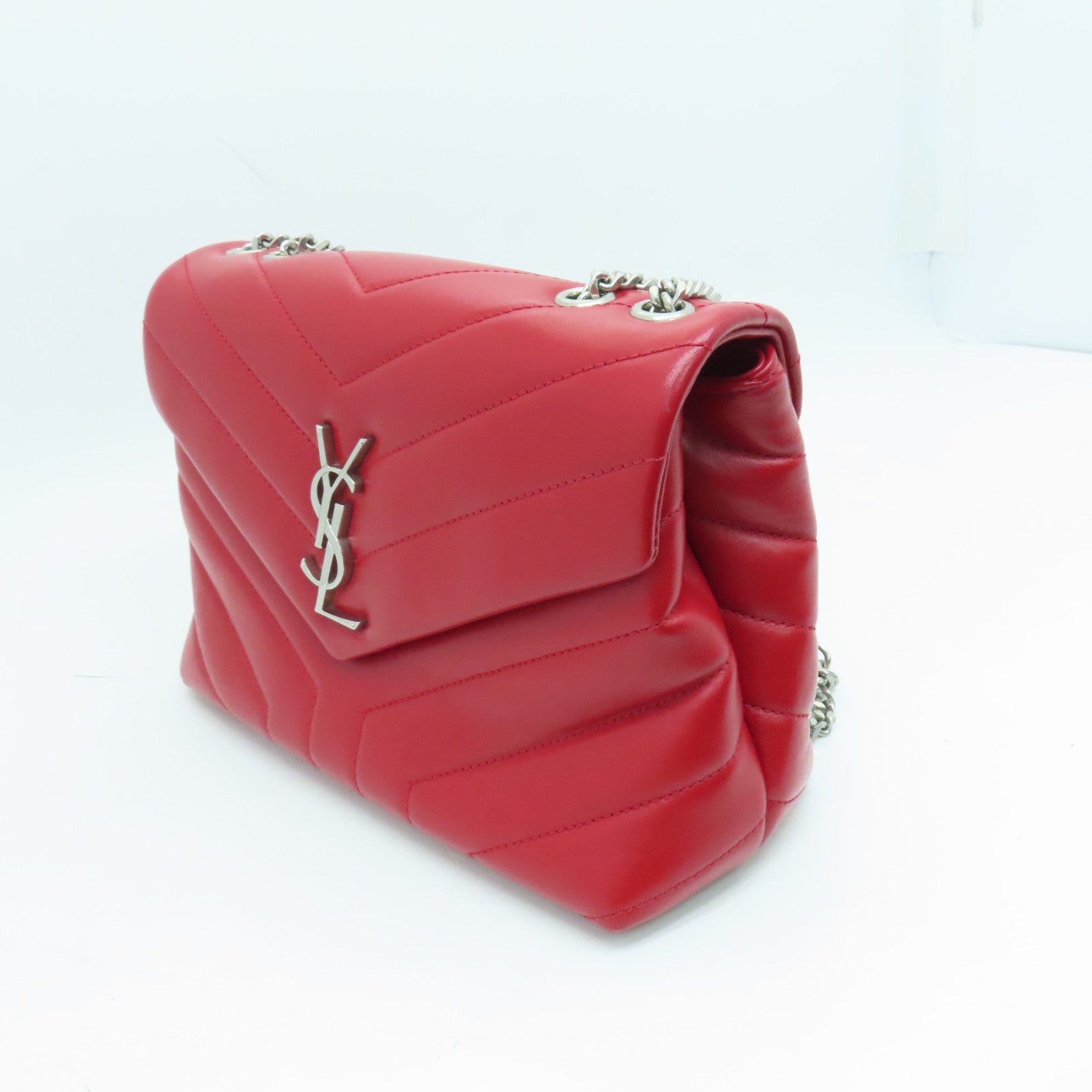 SAINT LAURENT 牛皮皮革Lou Lou鏈帶肩背袋銀扣紅色