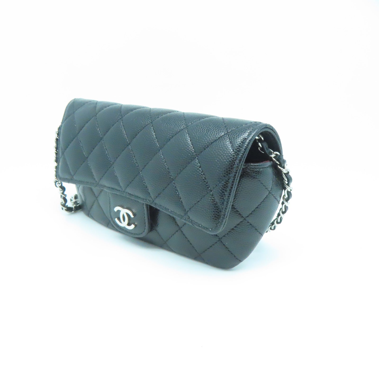 CHANEL 菱格Caviar皮革Chain Shoulder Bag银扣链带肩背袋黑色
