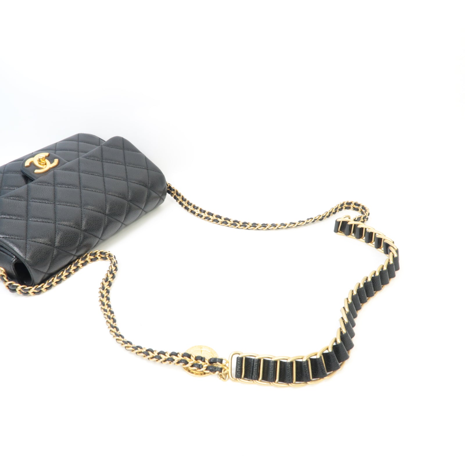 CHANEL 菱格Caviar皮革Chain Shoulder金扣鏈帶肩背袋黑色