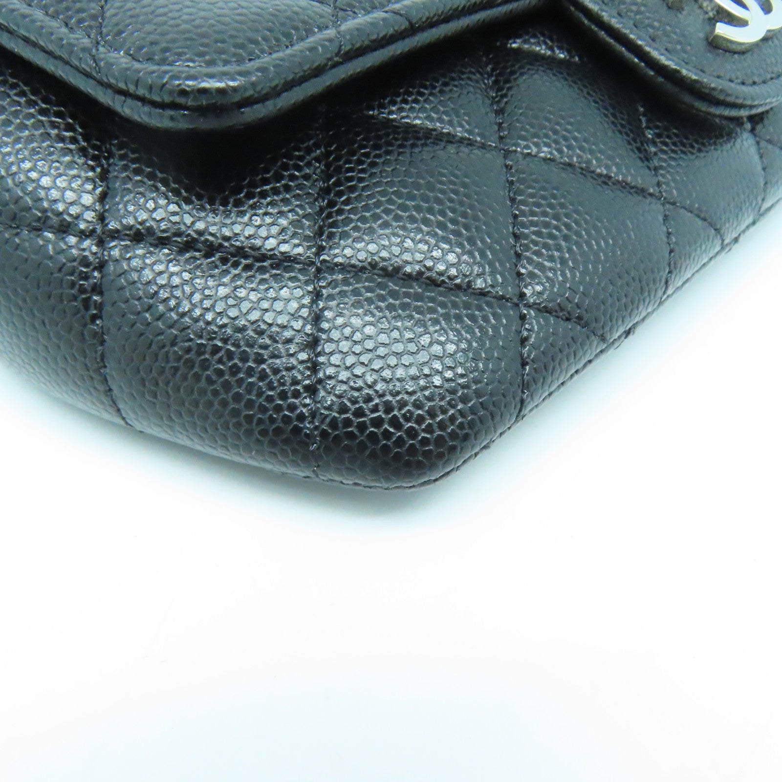 CHANEL 菱格Caviar皮革Chain Shoulder Bag银扣链带肩背袋黑色