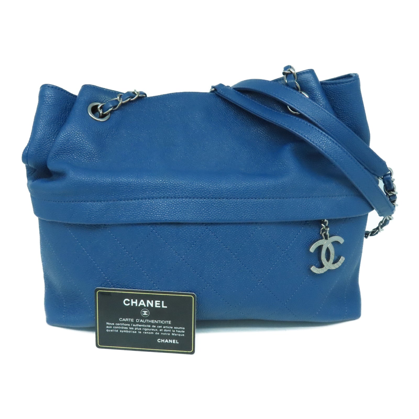 CHANEL 菱格牛皮皮革Chain Shoulder Bag銀扣鏈帶肩背袋藍色