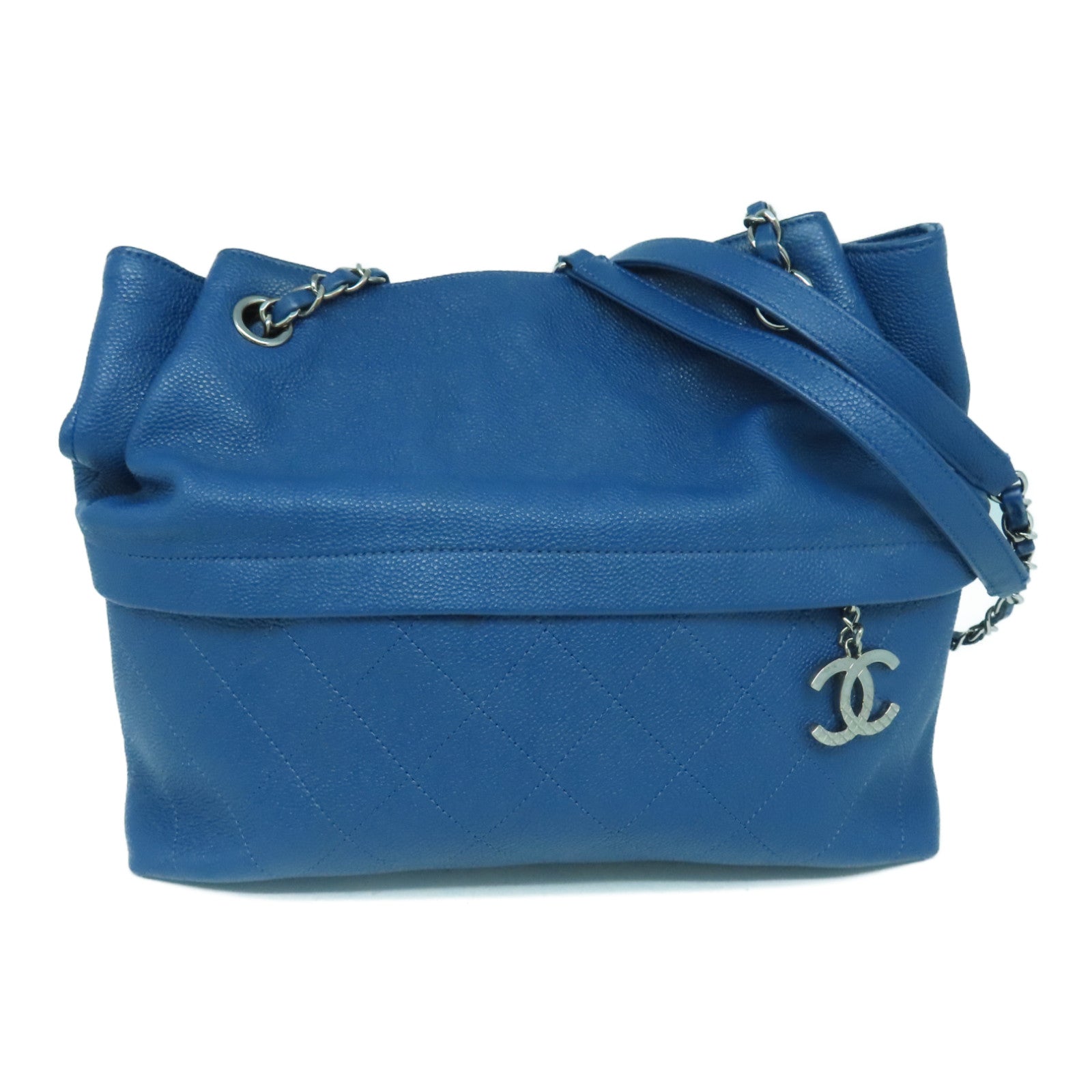 CHANEL 菱格牛皮皮革Chain Shoulder Bag銀扣鏈帶肩背袋藍色