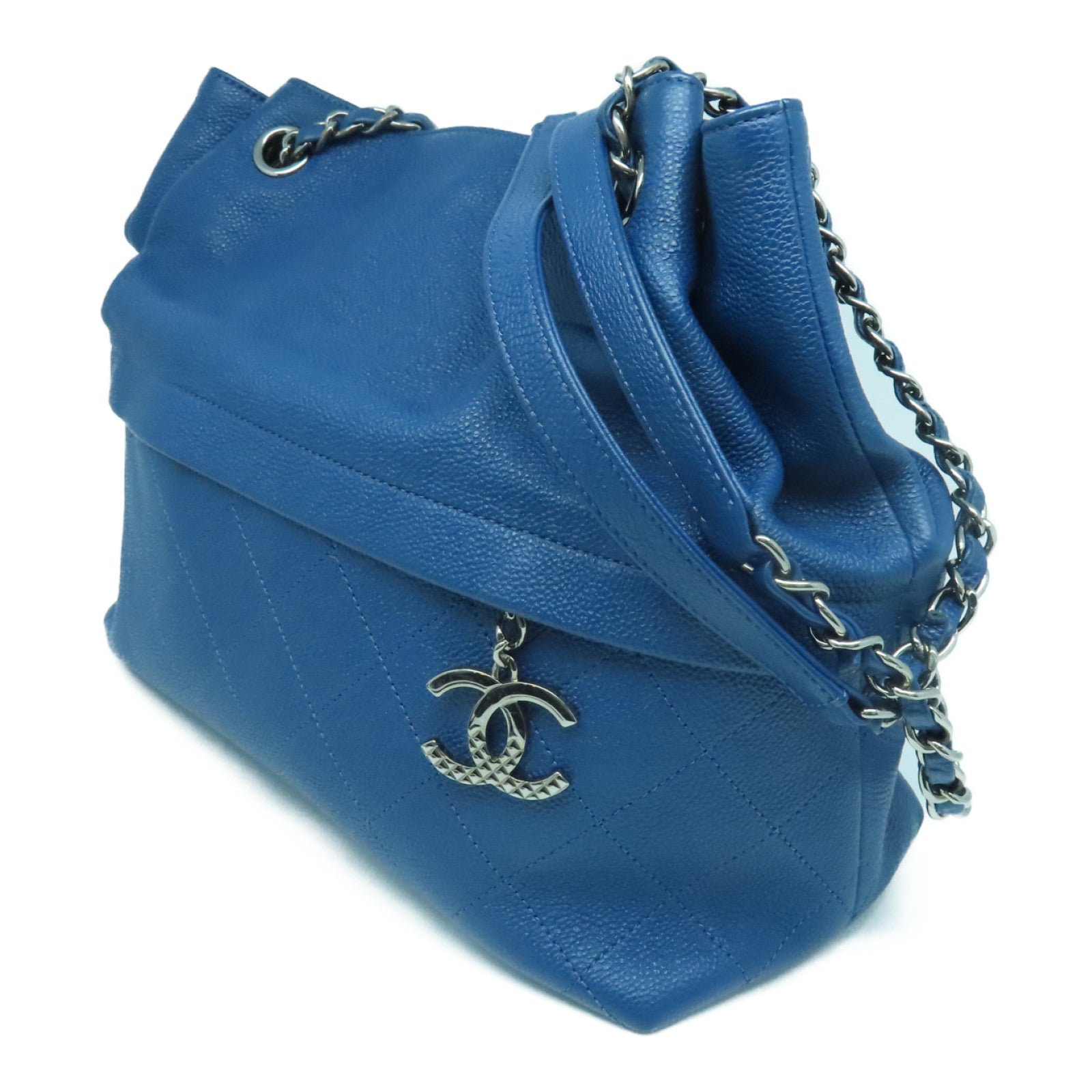 CHANEL 菱格牛皮皮革Chain Shoulder Bag銀扣鏈帶肩背袋藍色
