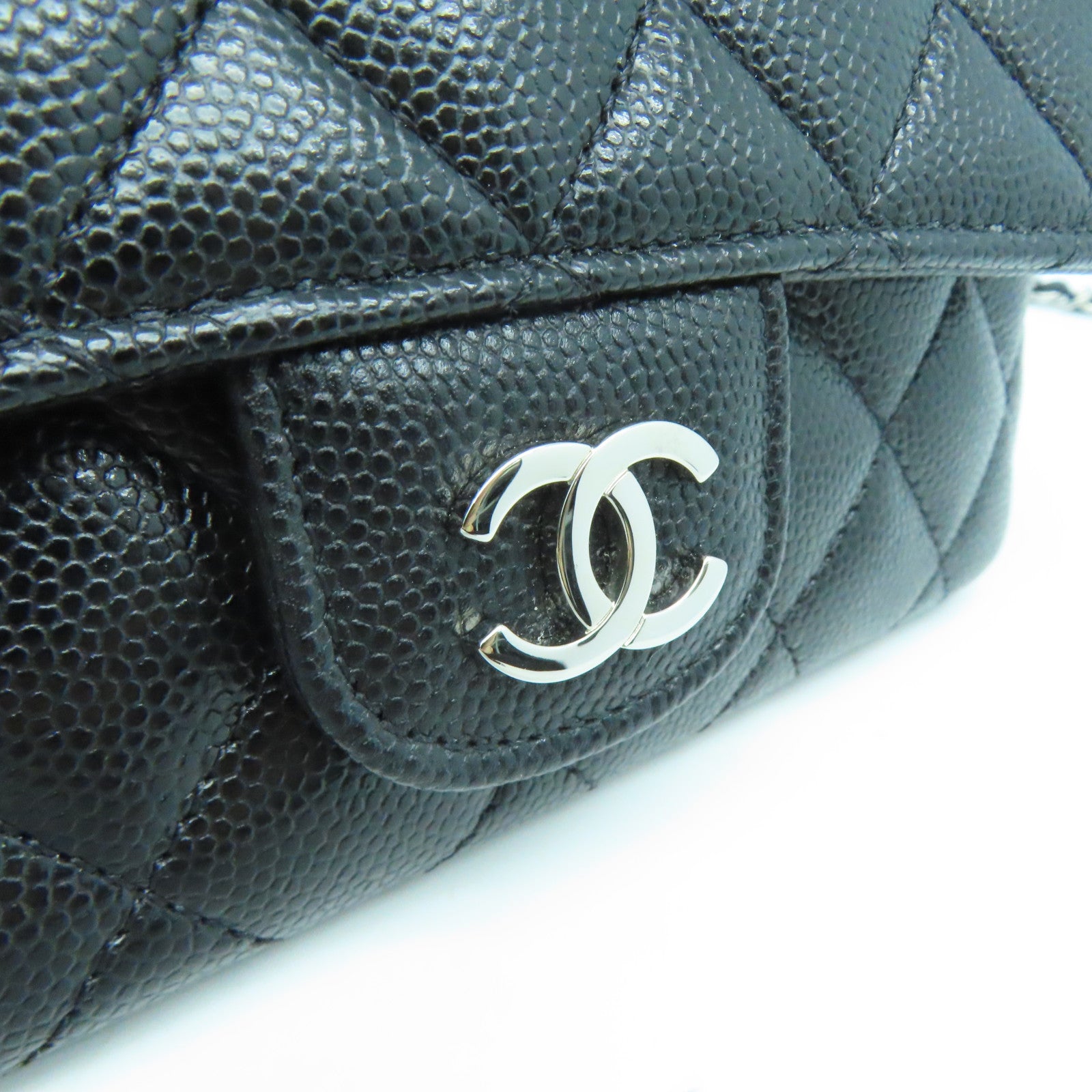 CHANEL 菱格Caviar皮革Chain Shoulder Bag银扣链带肩背袋黑色