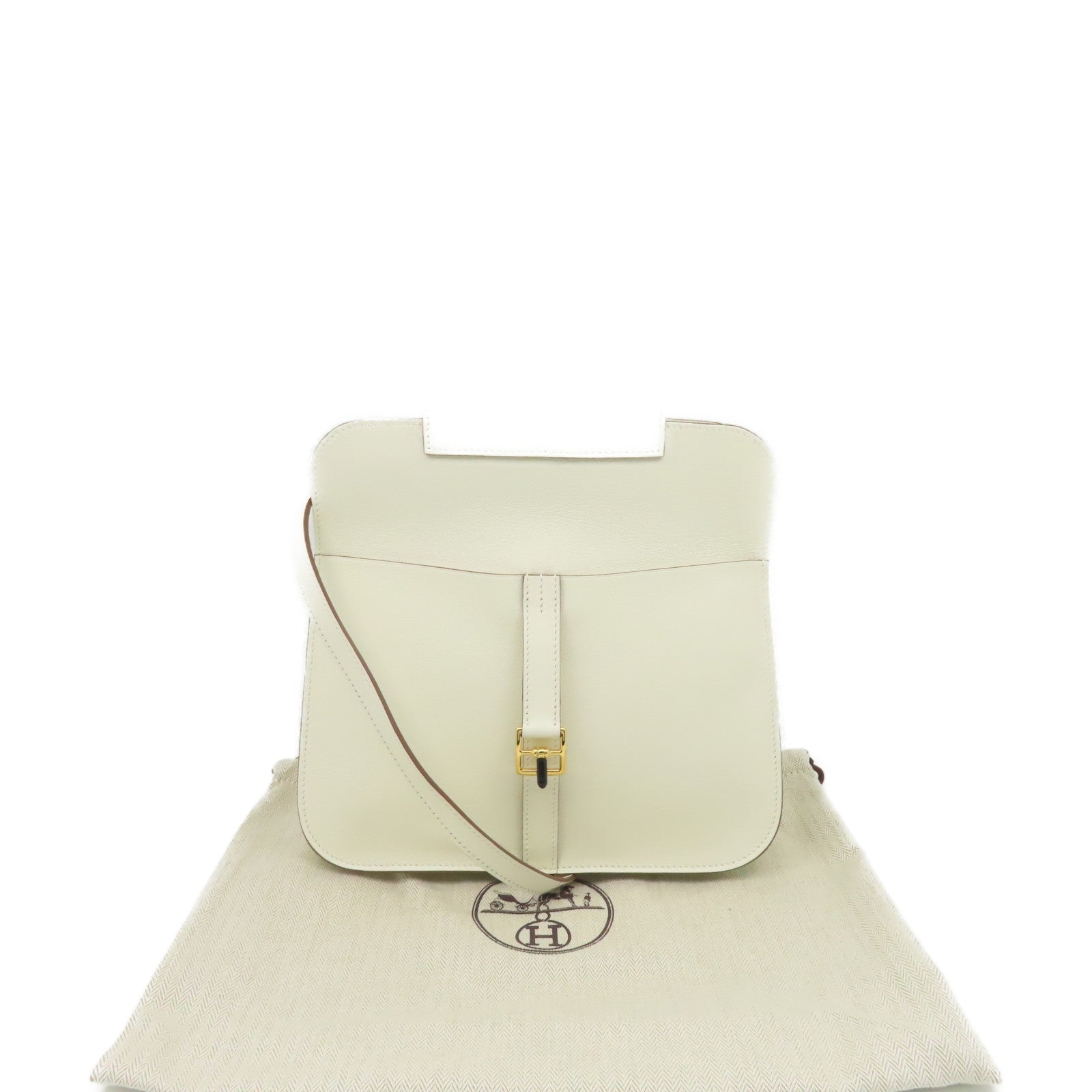 HERMES Evercolor皮革Halzan 25 2Way Shoulder Bag金扣手挽肩背兩用袋Nata奶油白色