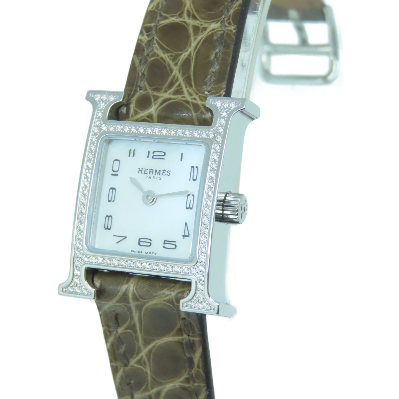 HERMES Heure H Watch不鏽鋼/皮革帶手錶石英機芯啡色