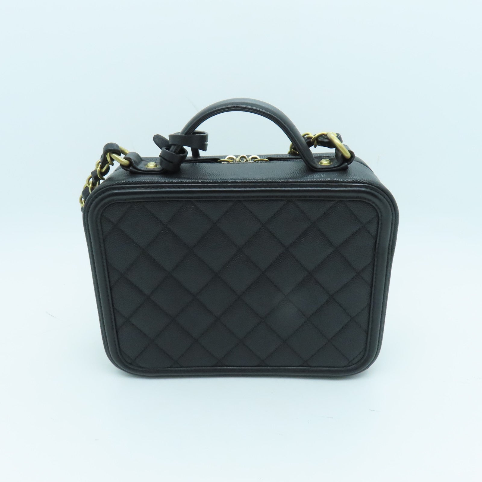 CHANEL 菱格Caviar皮革Vanity Case金扣鏈帶肩背袋黑色