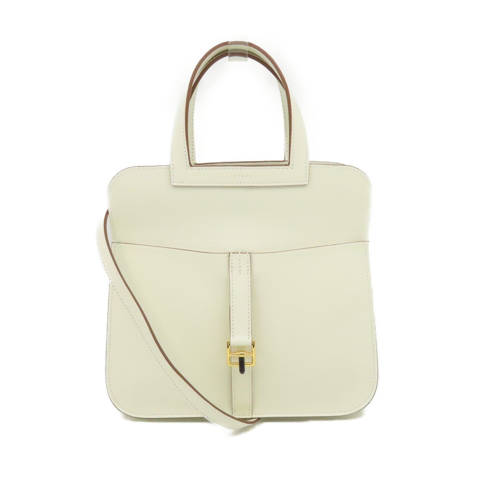 HERMES Evercolor皮革Halzan 25 2Way Shoulder Bag金扣手挽肩背兩用袋Nata奶油白色