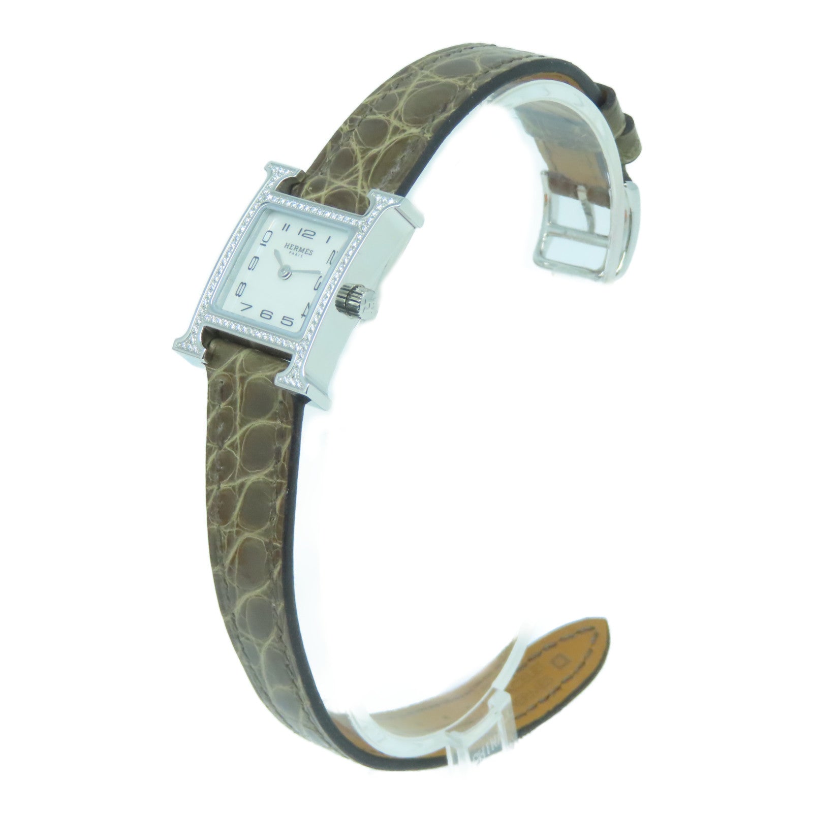 HERMES Heure H Watch不鏽鋼/皮革帶手錶石英機芯啡色