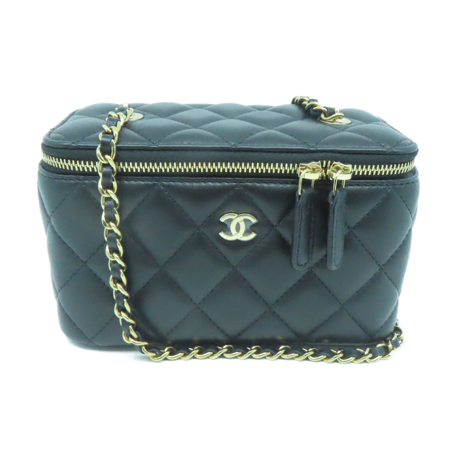 CHANEL 菱格羊皮皮革Vanity Bag银扣链带肩背袋黑色