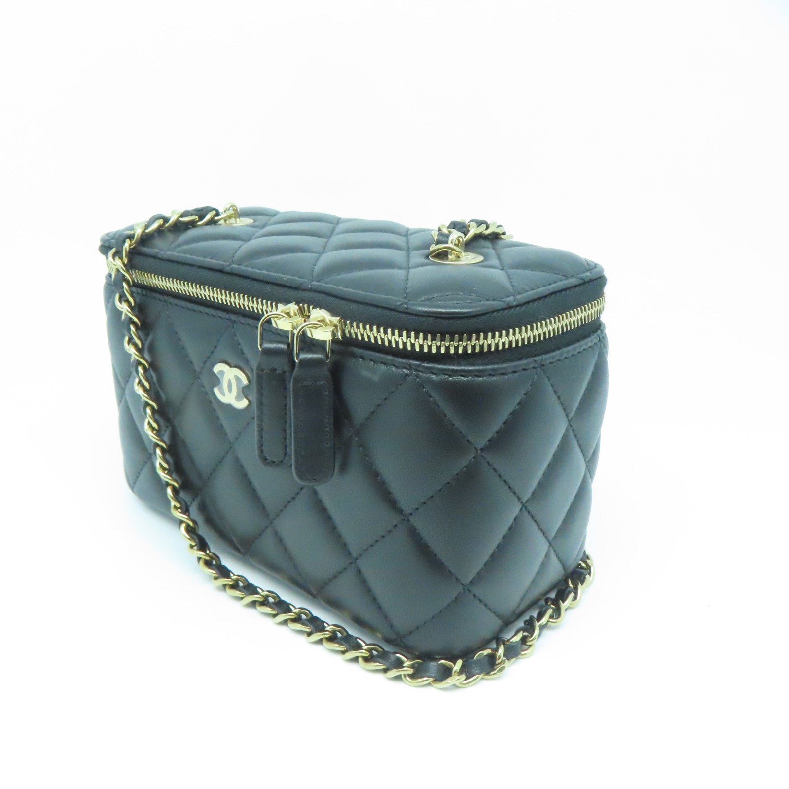 CHANEL 菱格羊皮皮革Vanity Bag银扣链带肩背袋黑色