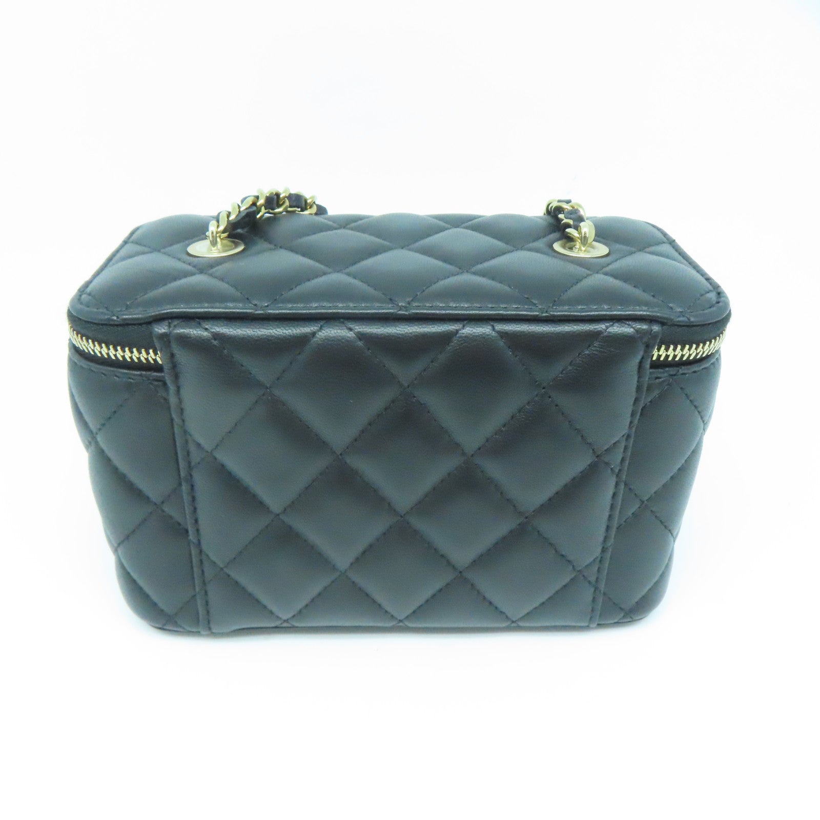 CHANEL 菱格羊皮皮革Vanity Bag银扣链带肩背袋黑色