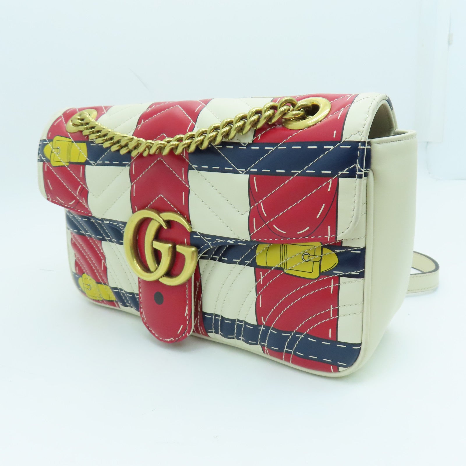 GUCCI 牛皮皮革GG Marmont鏈帶肩背袋金扣白色/紅色