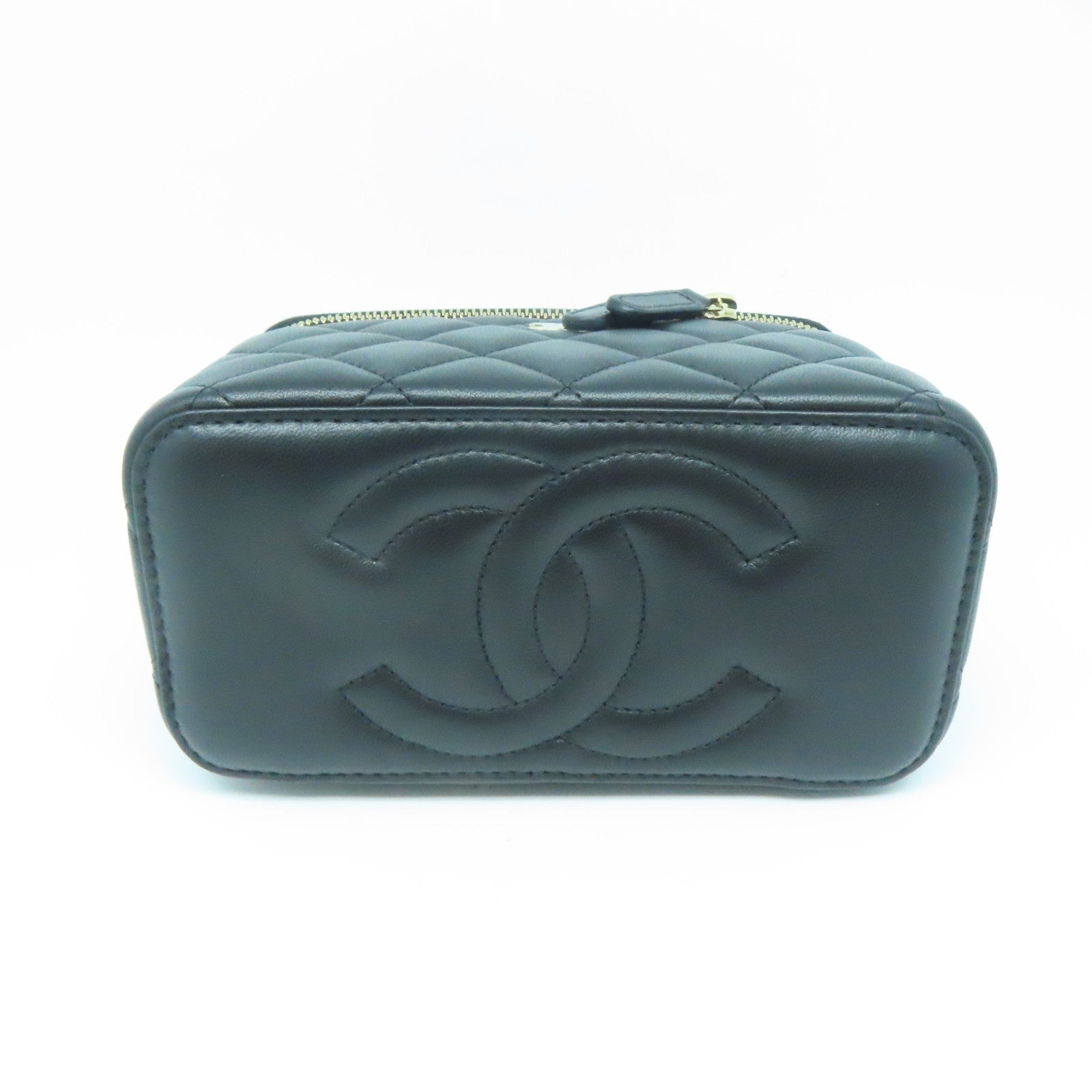 CHANEL 菱格羊皮皮革Vanity Bag银扣链带肩背袋黑色