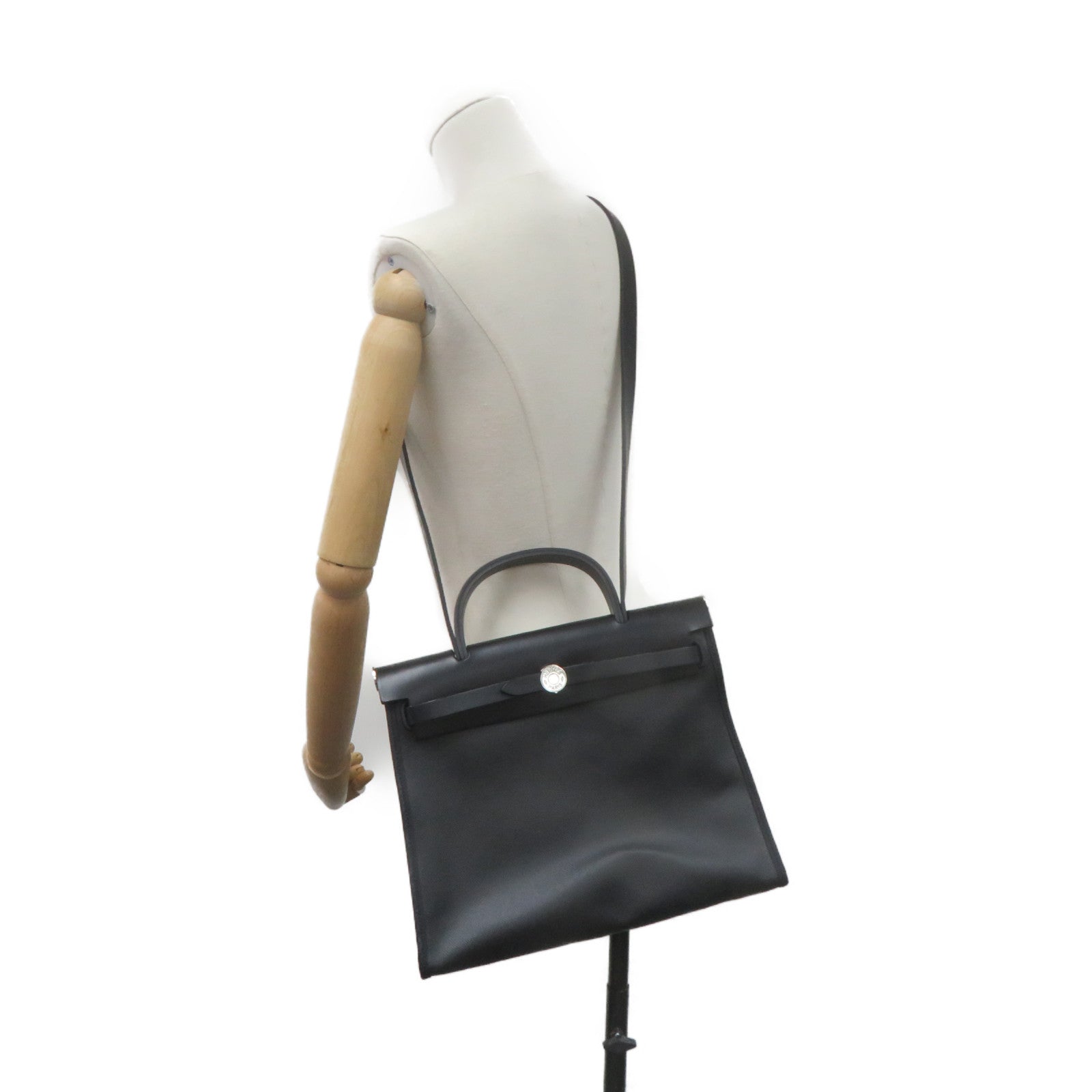 HERMES 帆布Herbag PM 2Way Shoulder Bag銀扣手挽肩背兩用袋黑色