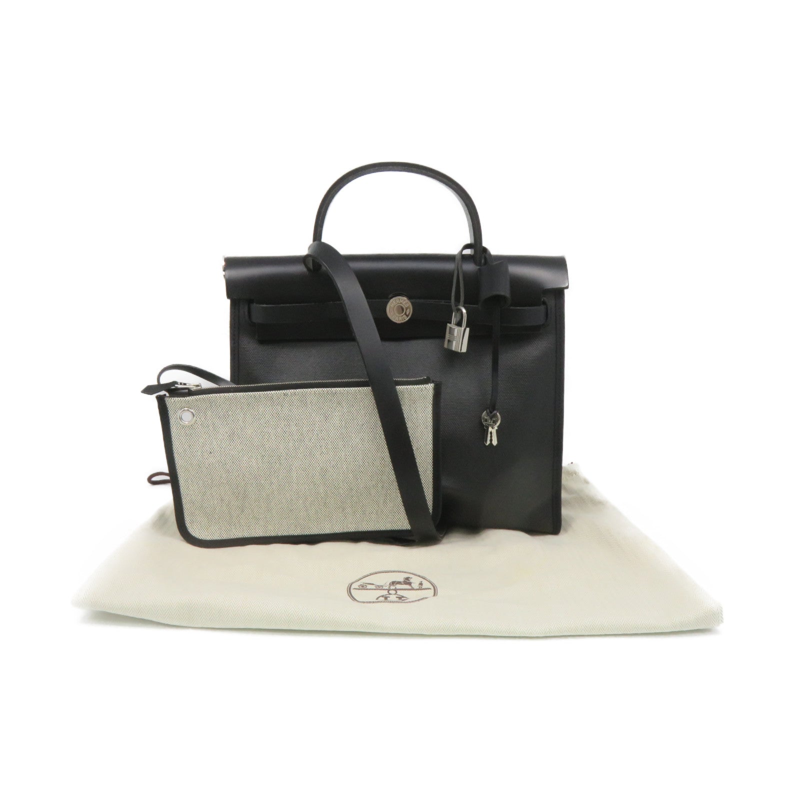 HERMES 帆布Herbag PM 2Way Shoulder Bag銀扣手挽肩背兩用袋黑色