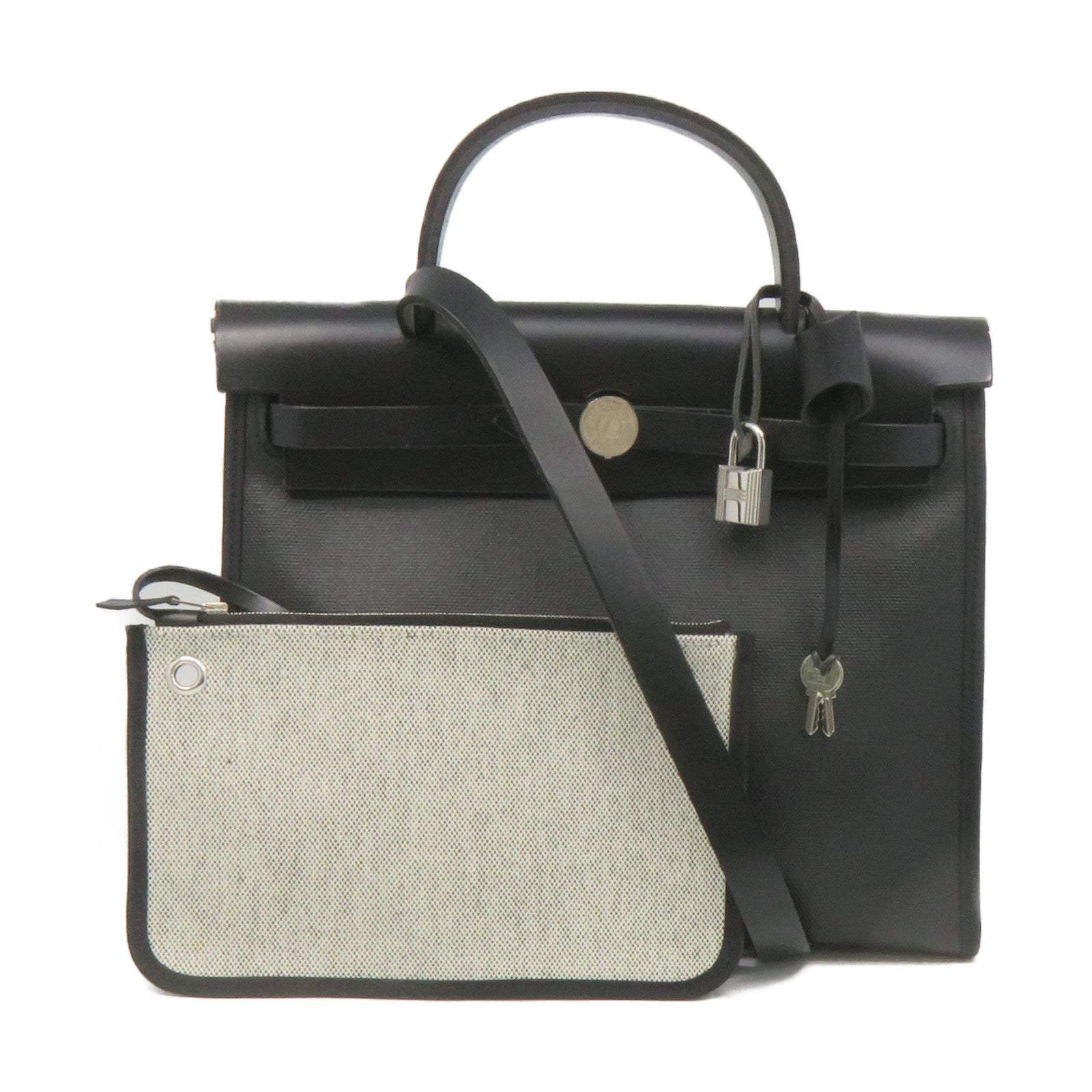 HERMES 帆布Herbag PM 2Way Shoulder Bag銀扣手挽肩背兩用袋黑色
