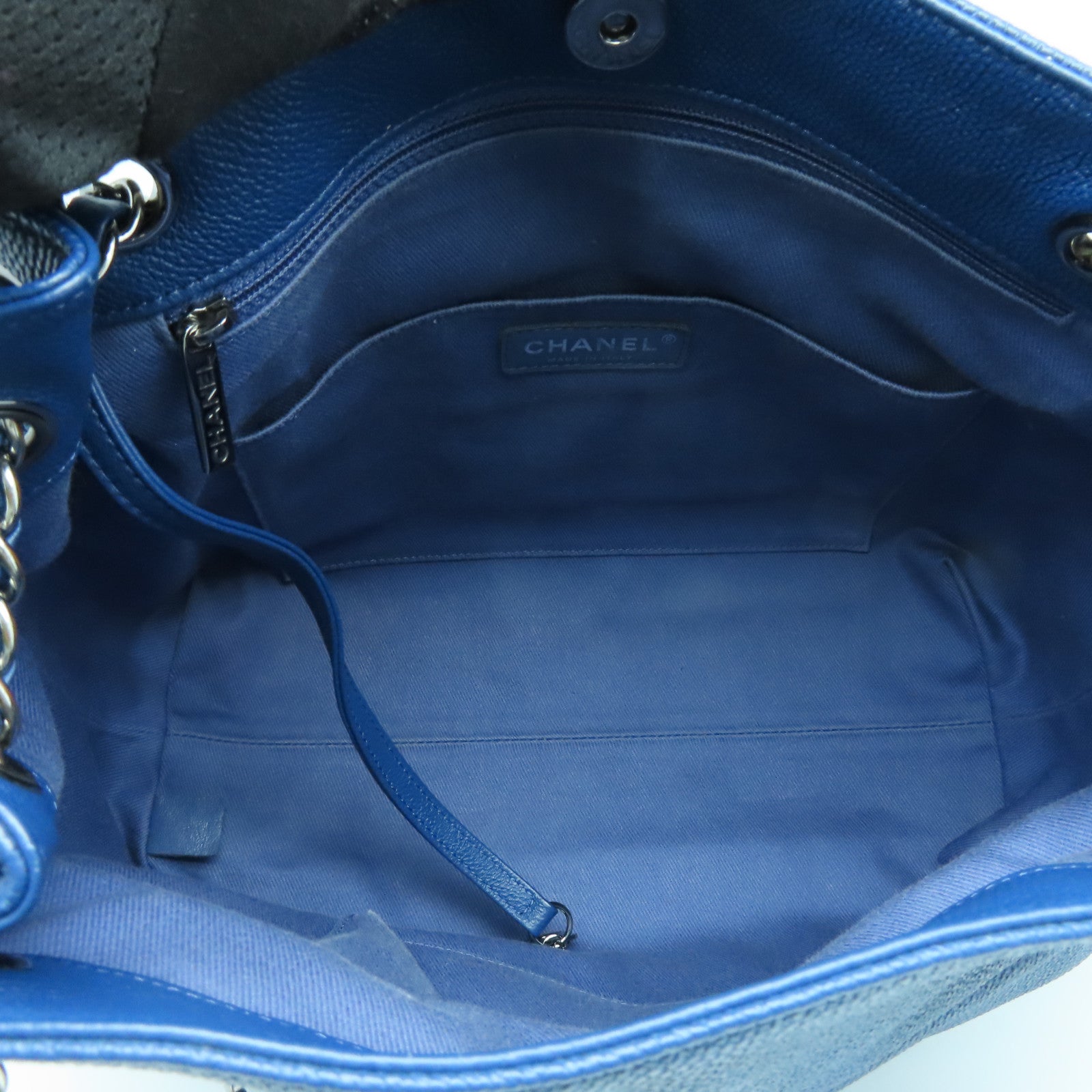 CHANEL 菱格牛皮皮革Chain Shoulder Bag銀扣鏈帶肩背袋藍色