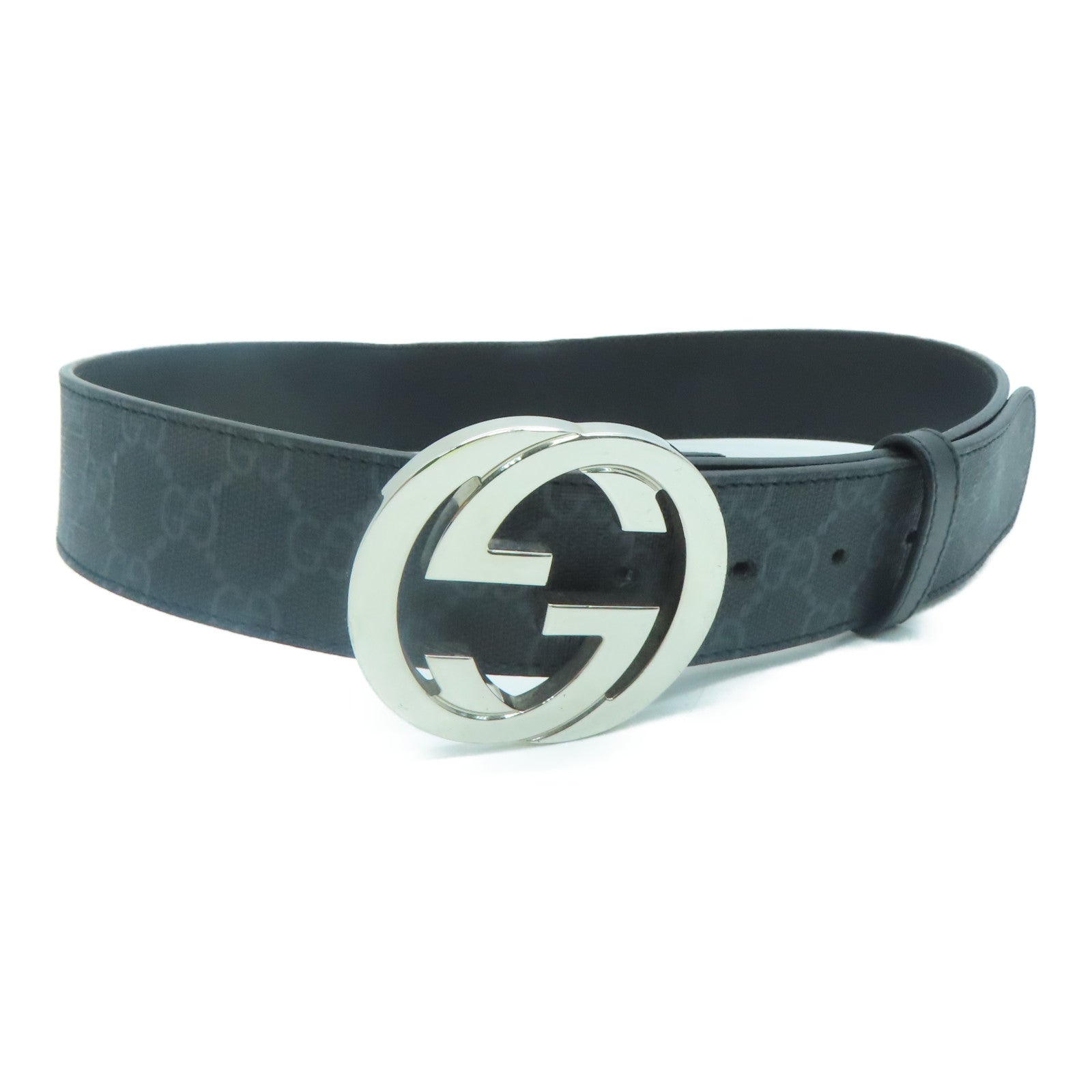 GUCCI PVC GG Supreme Belt 80cm銀扣皮帶黑色/灰色