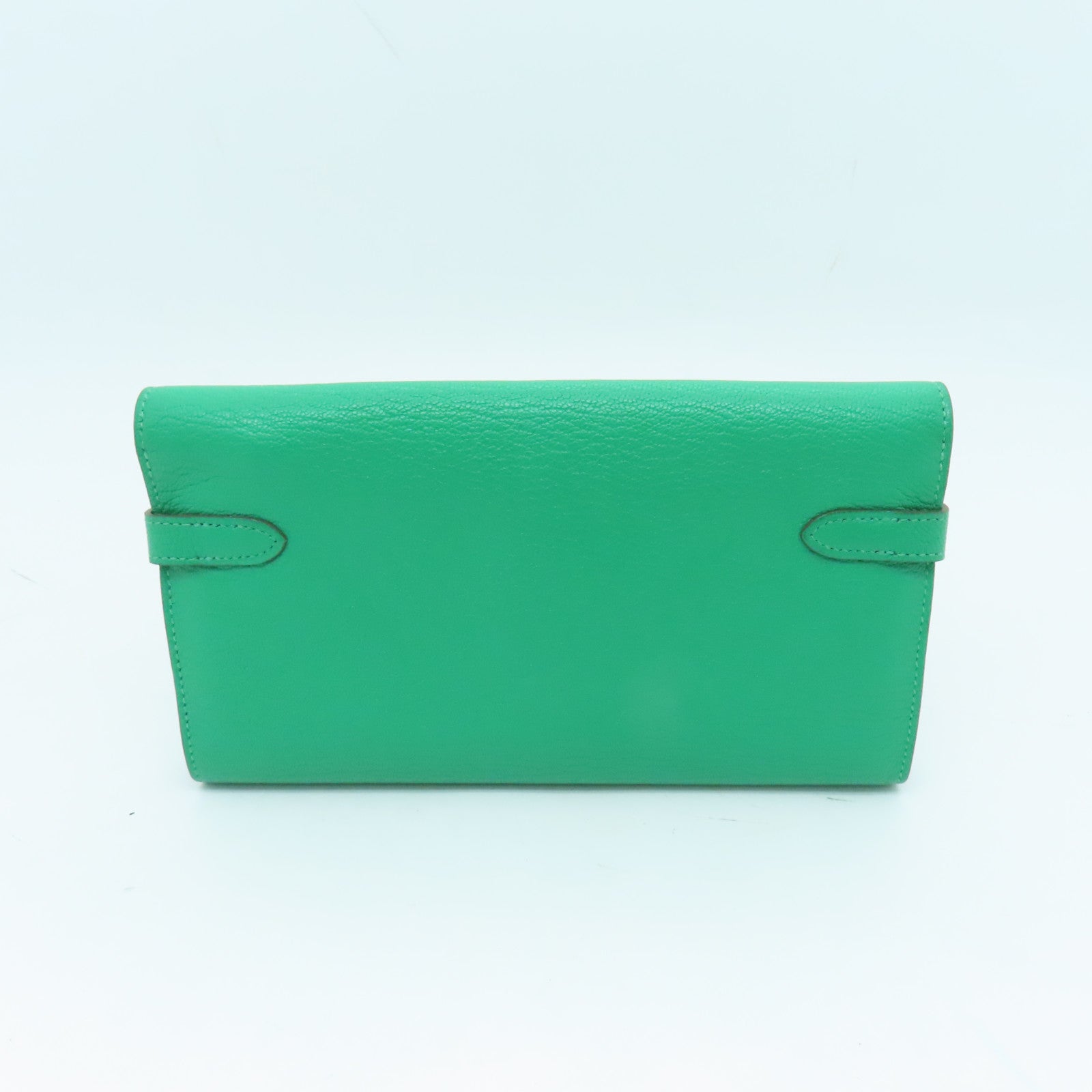 HERMES Chevre Leather Kelly Wallet Silver Buckle Long Wallet Bamboo Green