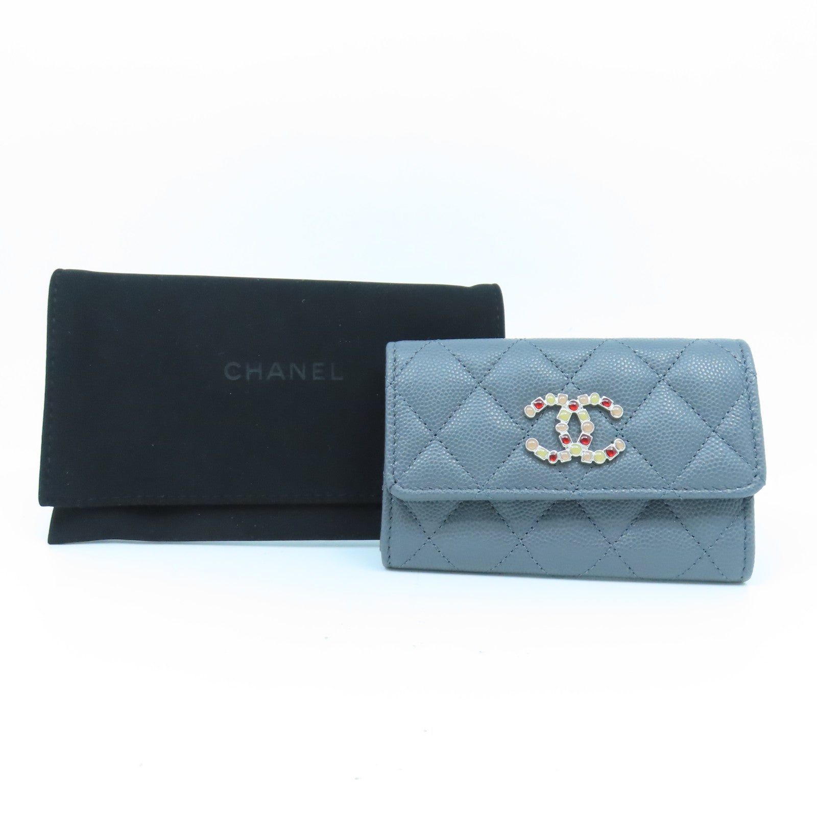 CHANEL 菱格牛皮皮革Card Case銀扣卡片套灰色