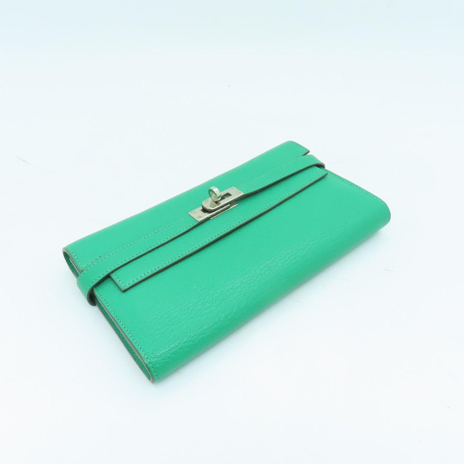 HERMES Chevre Leather Kelly Wallet Silver Buckle Long Wallet Bamboo Green