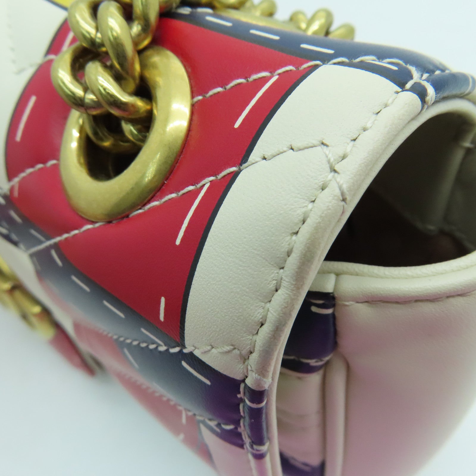 GUCCI 牛皮皮革GG Marmont鏈帶肩背袋金扣白色/紅色
