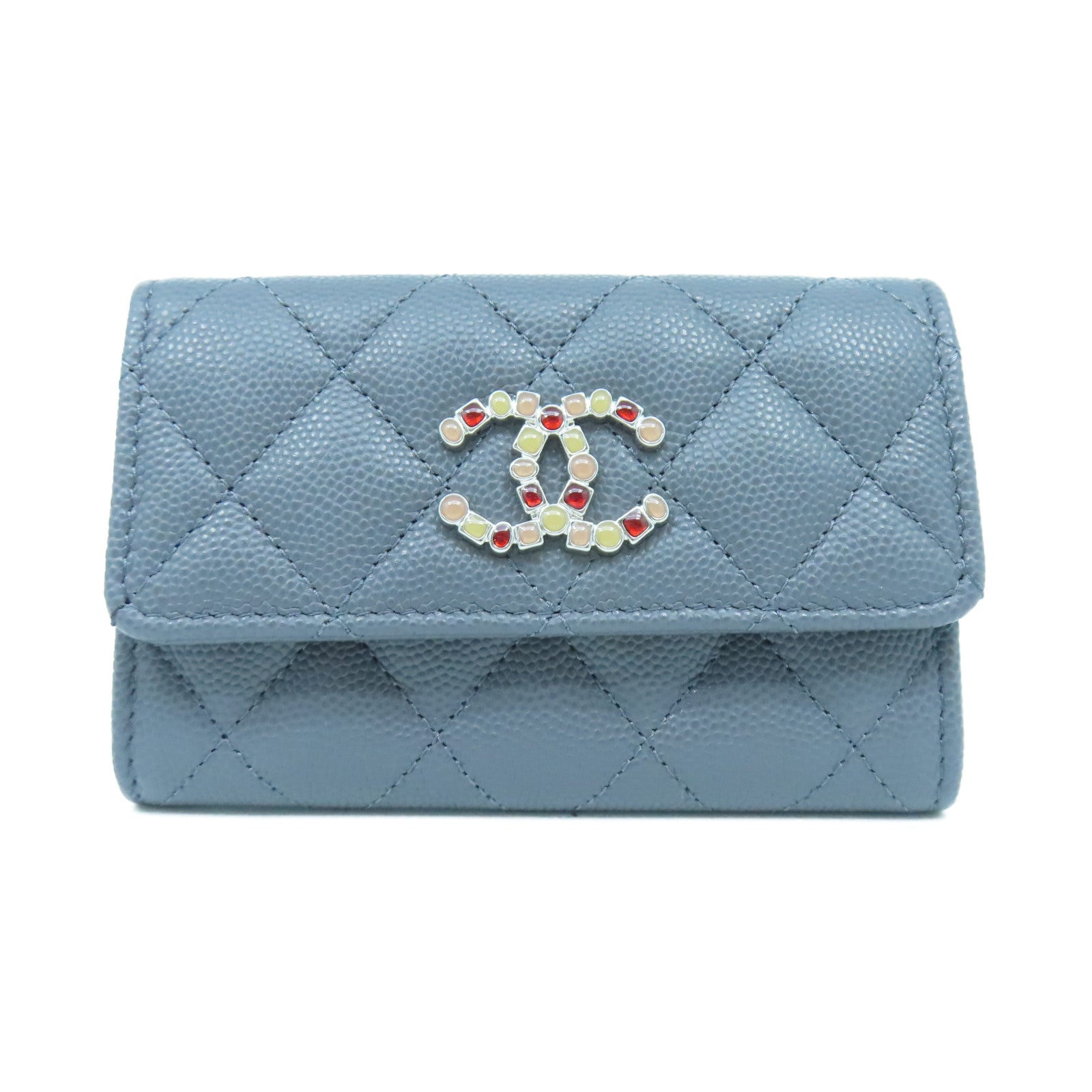 CHANEL 菱格牛皮皮革Card Case銀扣卡片套灰色