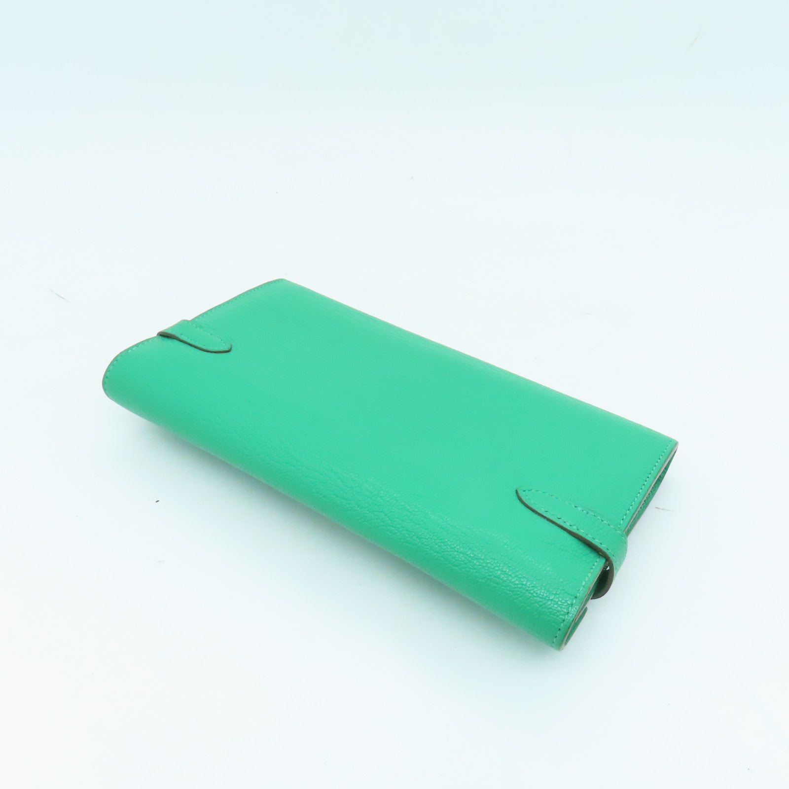 HERMES Chevre Leather Kelly Wallet Silver Buckle Long Wallet Bamboo Green
