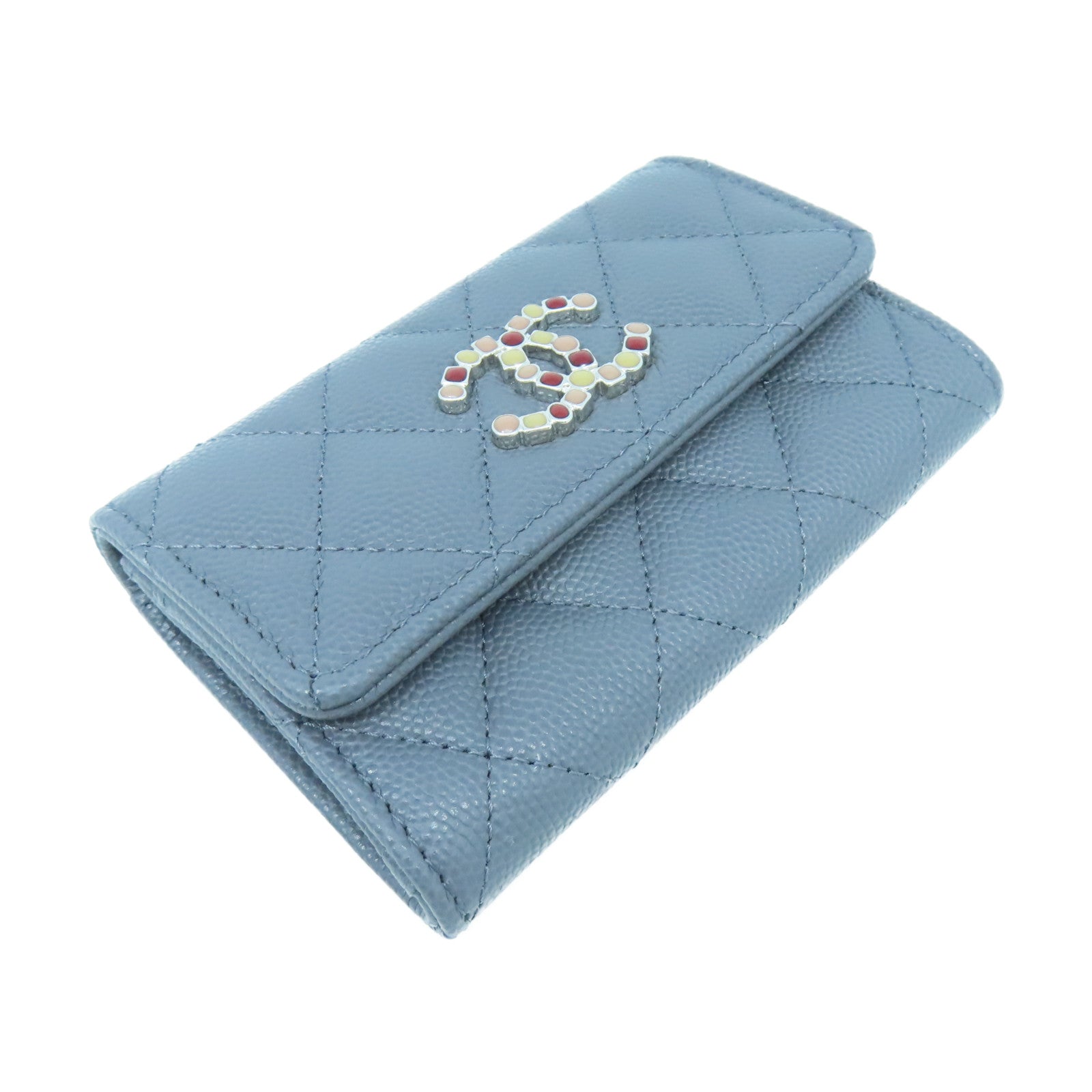 CHANEL 菱格牛皮皮革Card Case銀扣卡片套灰色
