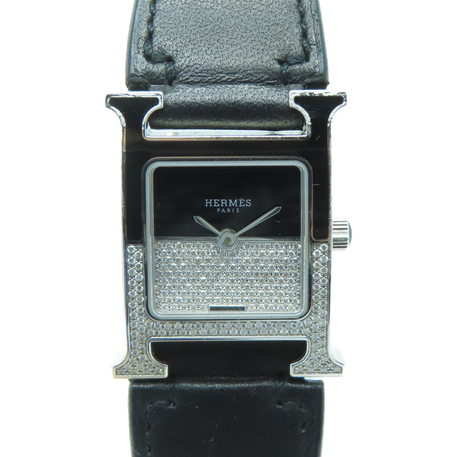 HERMES Heure H Watch不锈钢/皮革带手表石英机芯黑色