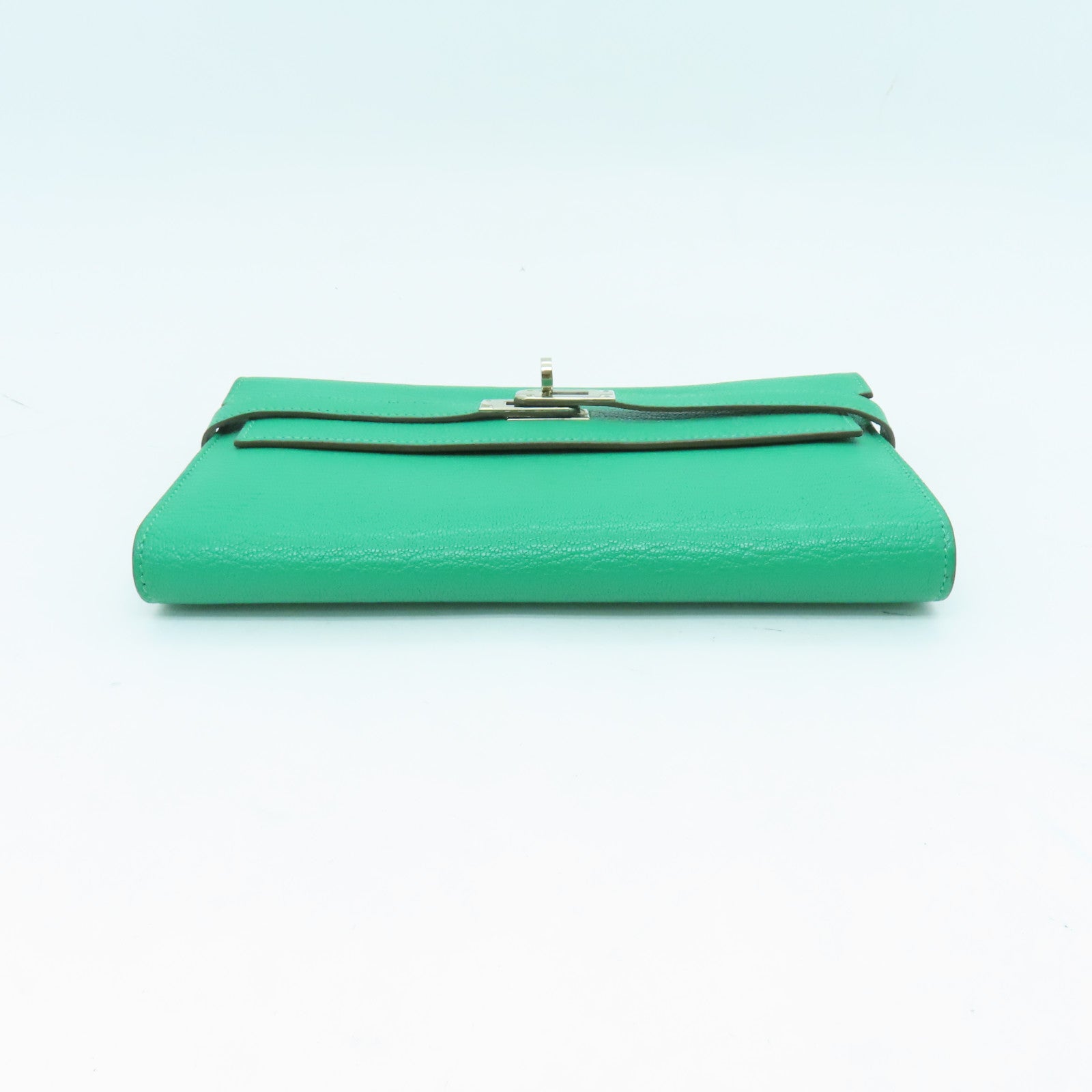 HERMES Chevre Leather Kelly Wallet Silver Buckle Long Wallet Bamboo Green