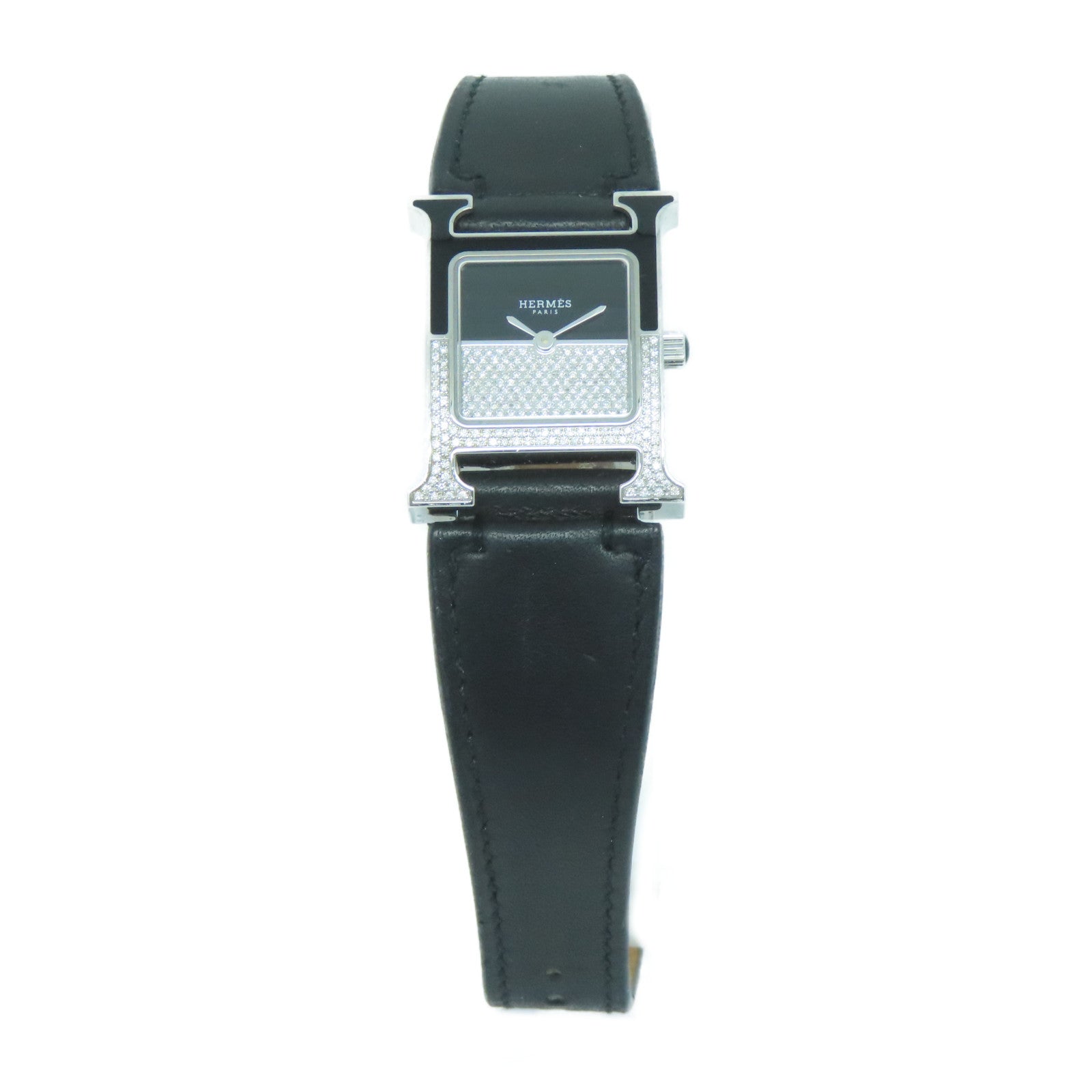HERMES Heure H Watch不锈钢/皮革带手表石英机芯黑色