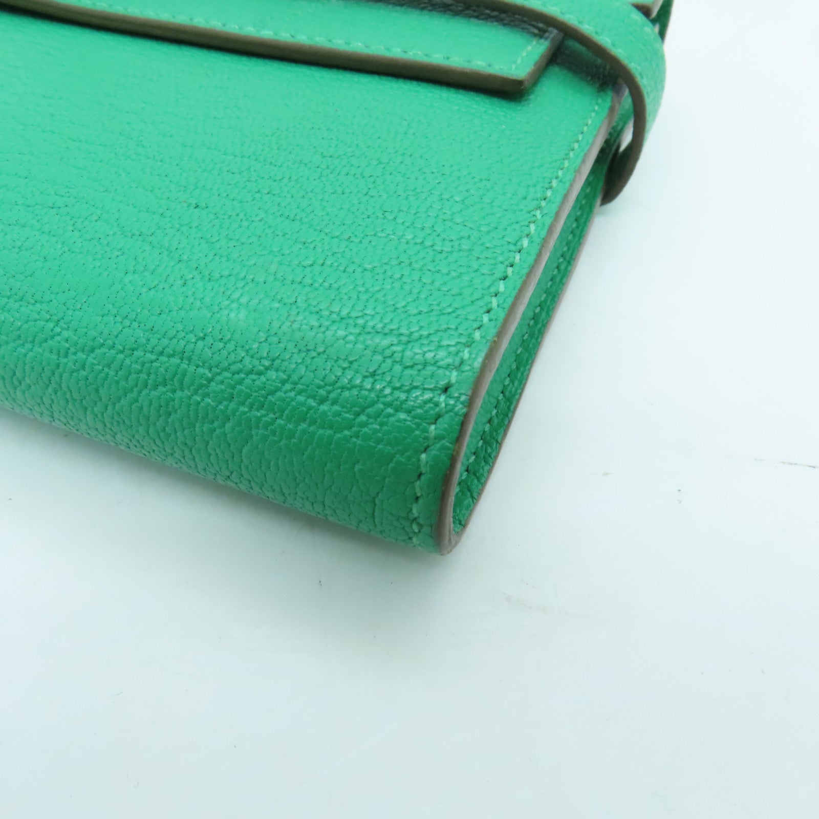 HERMES Chevre Leather Kelly Wallet Silver Buckle Long Wallet Bamboo Green