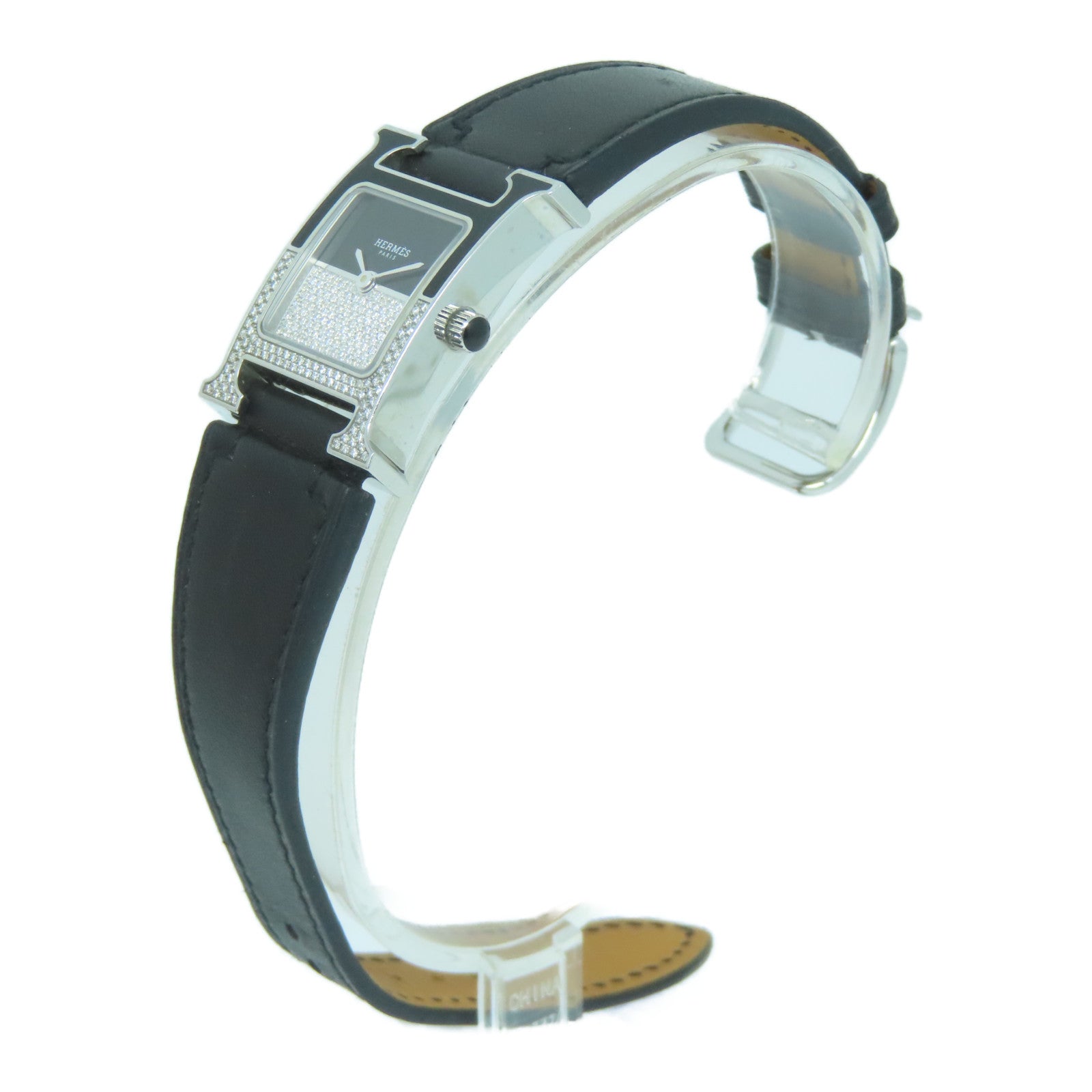 HERMES Heure H Watch不锈钢/皮革带手表石英机芯黑色