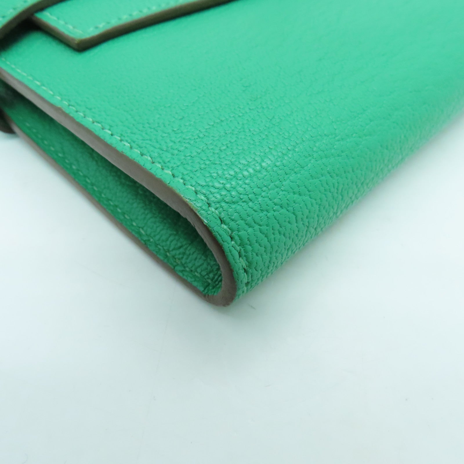 HERMES Chevre Leather Kelly Wallet Silver Buckle Long Wallet Bamboo Green