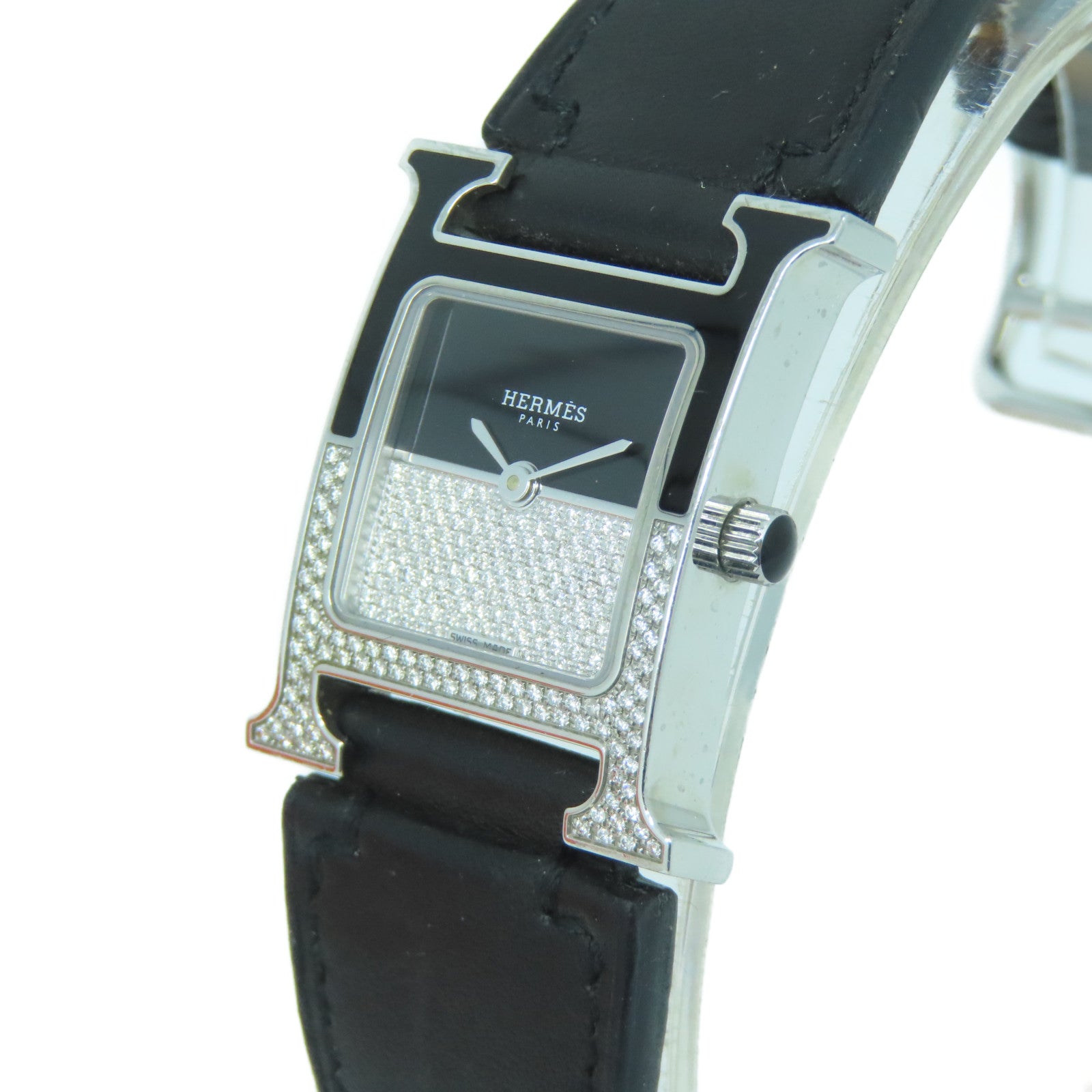 HERMES Heure H Watch不锈钢/皮革带手表石英机芯黑色