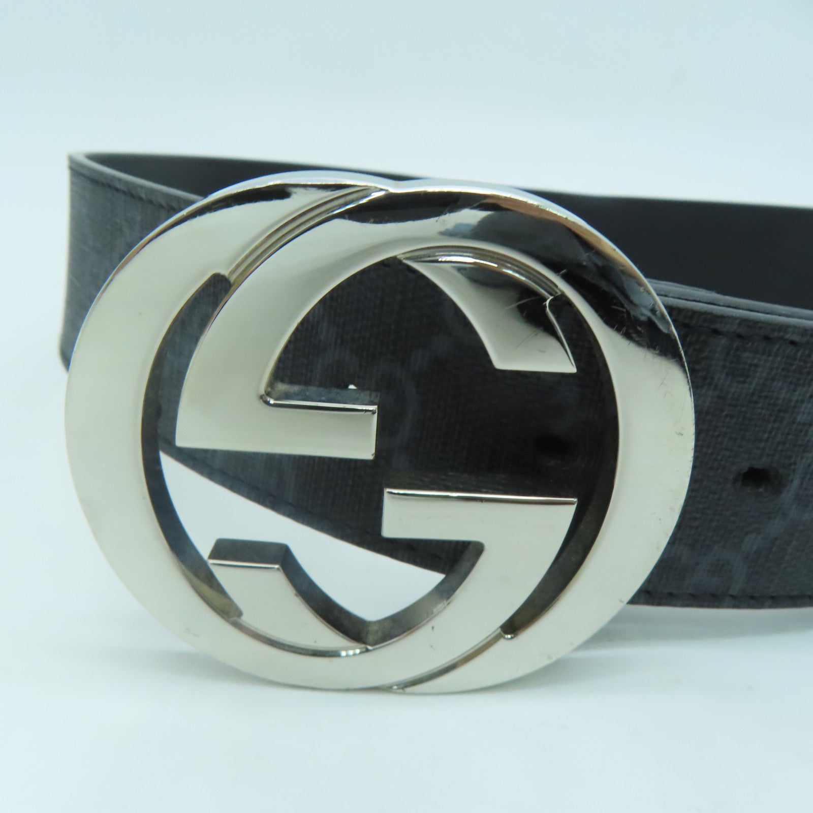 GUCCI PVC GG Supreme Belt 80cm銀扣皮帶黑色/灰色