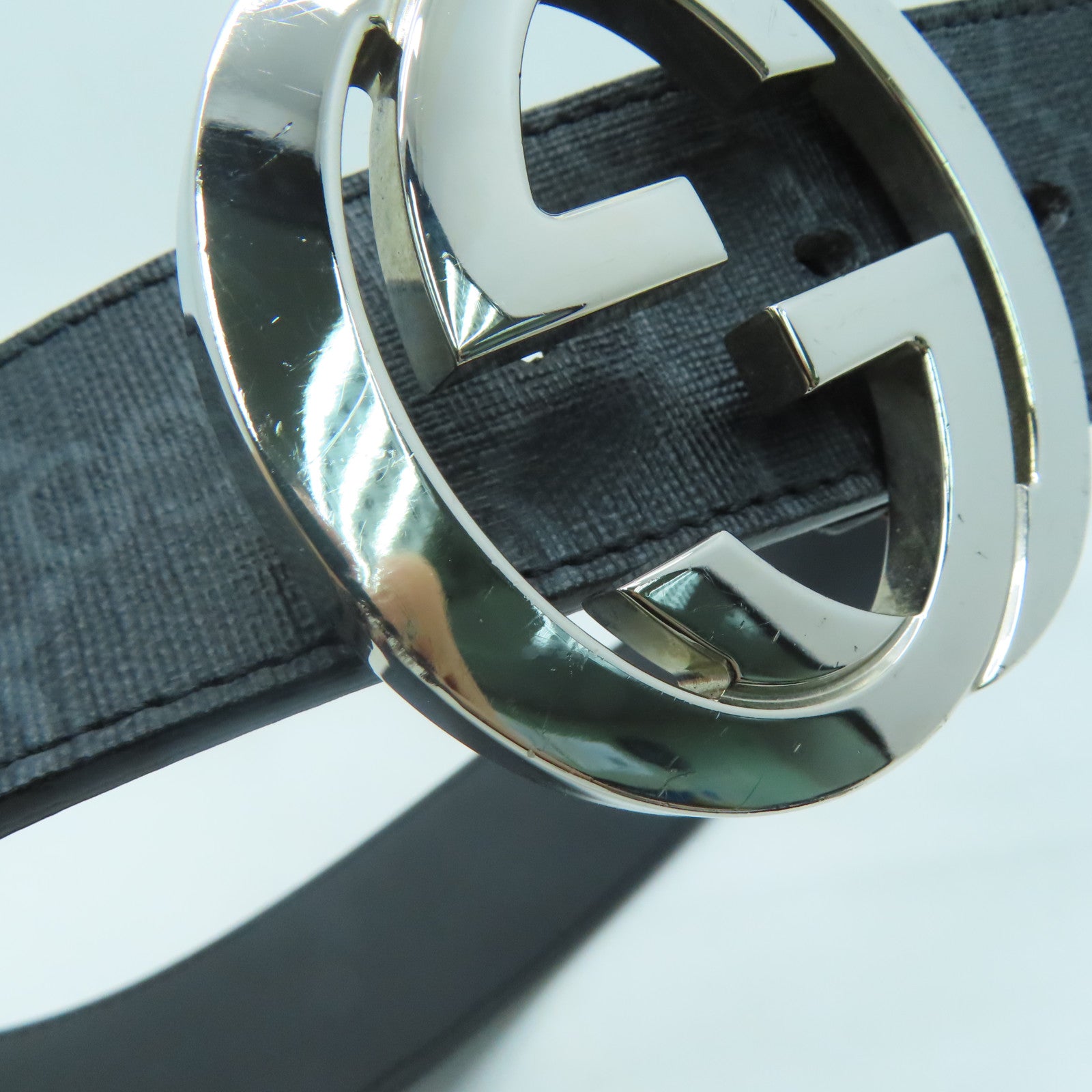 GUCCI PVC GG Supreme Belt 80cm銀扣皮帶黑色/灰色
