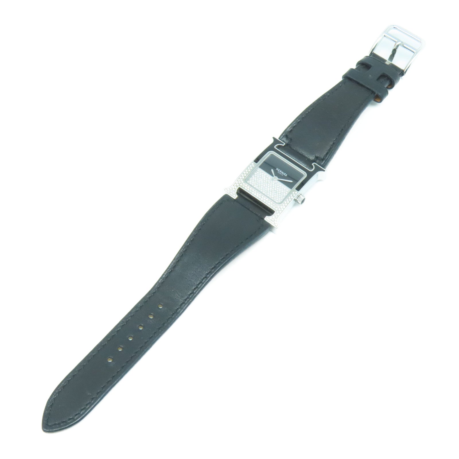 HERMES Heure H Watch不锈钢/皮革带手表石英机芯黑色