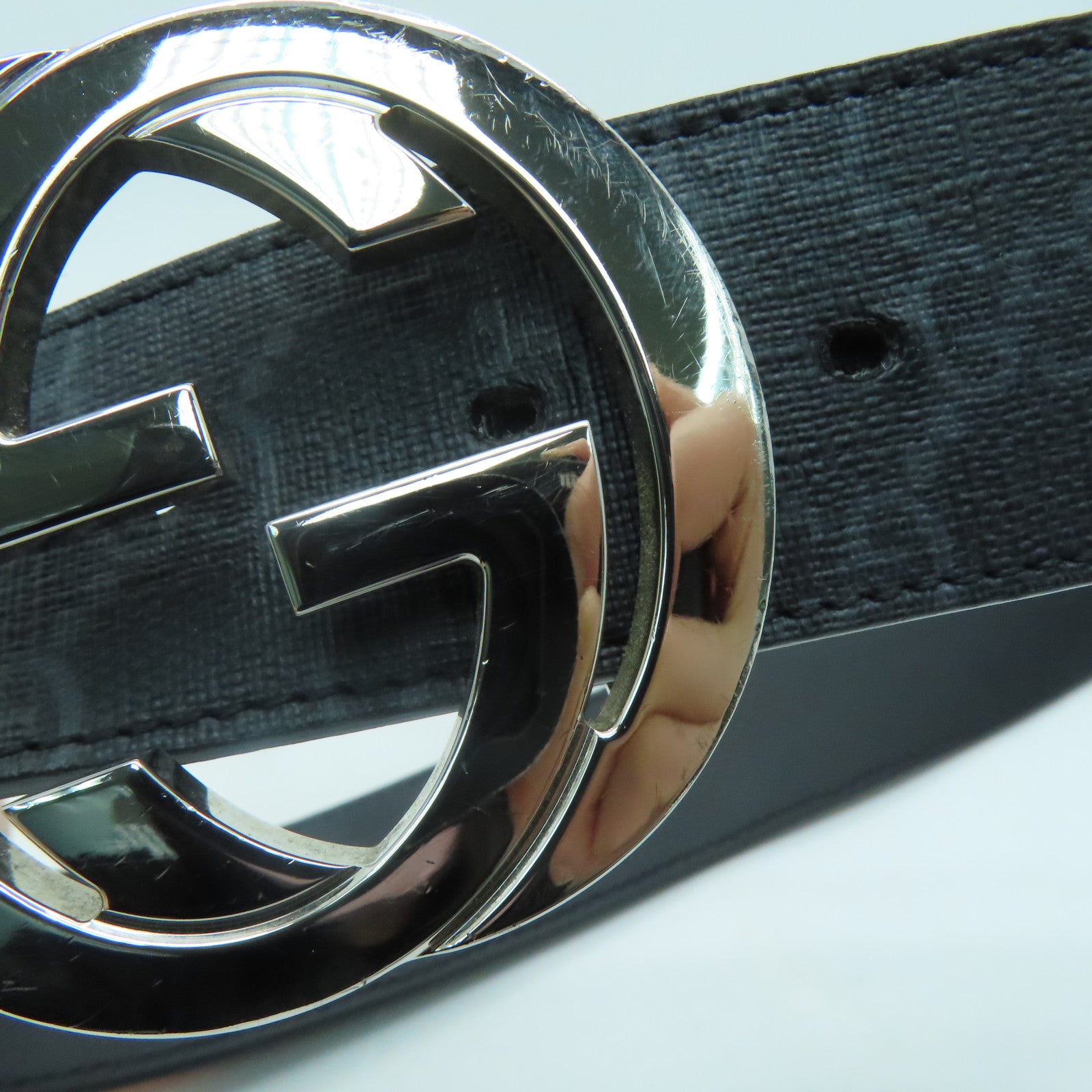 GUCCI PVC GG Supreme Belt 80cm銀扣皮帶黑色/灰色