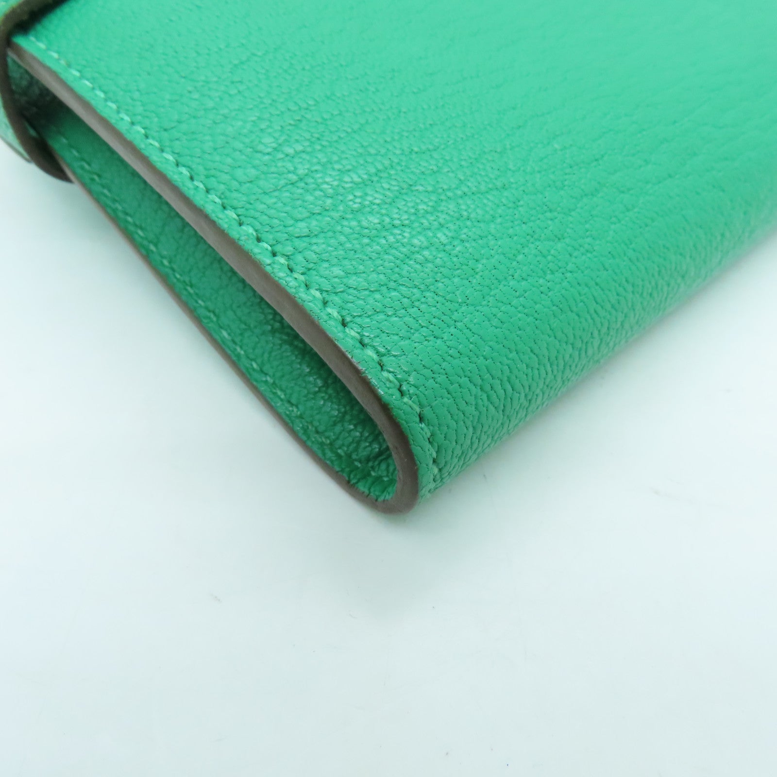 HERMES Chevre Leather Kelly Wallet Silver Buckle Long Wallet Bamboo Green