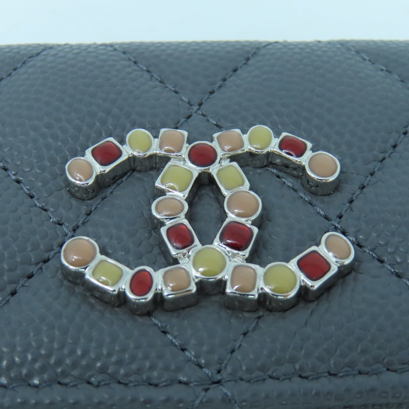 CHANEL 菱格牛皮皮革Card Case銀扣卡片套灰色