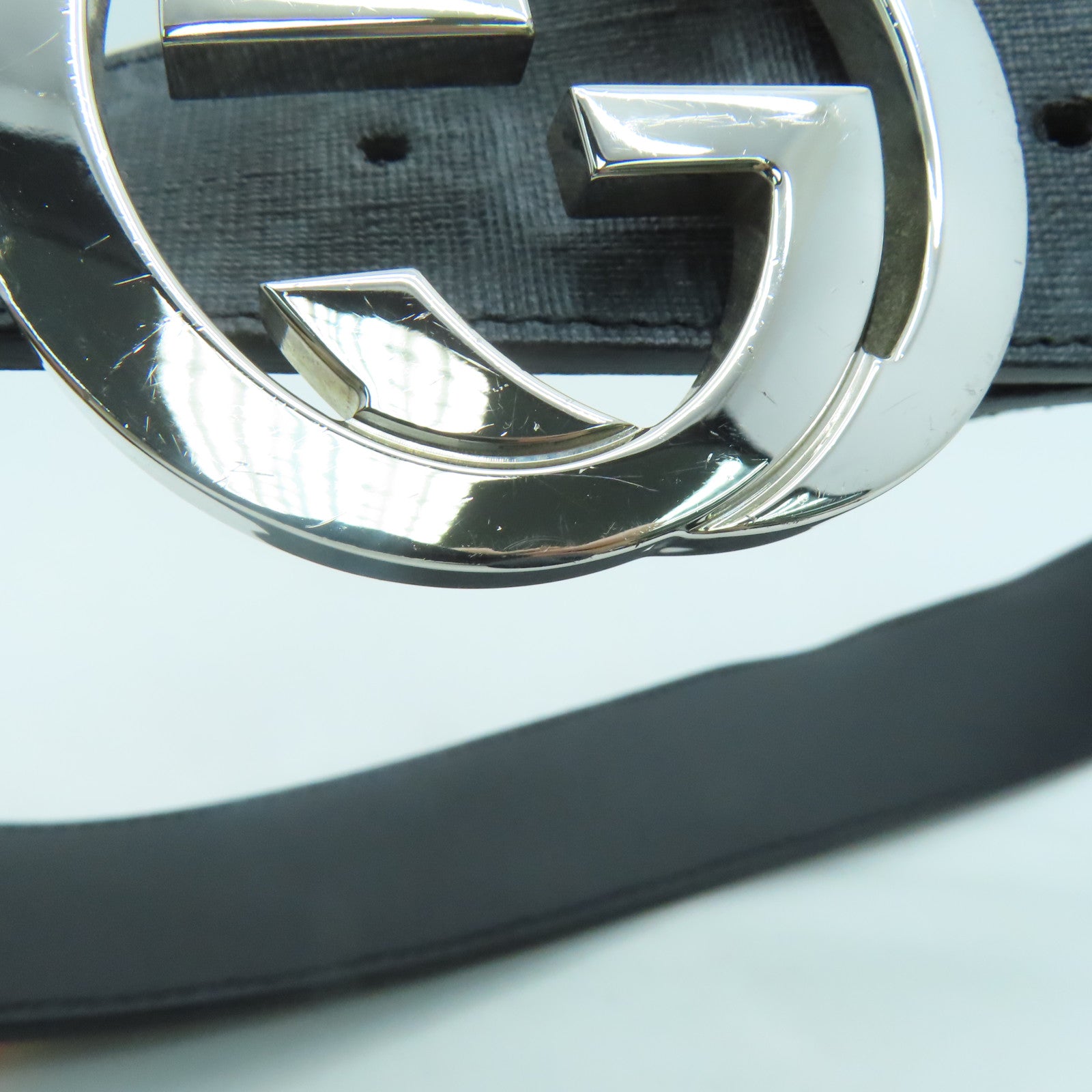 GUCCI PVC GG Supreme Belt 80cm銀扣皮帶黑色/灰色