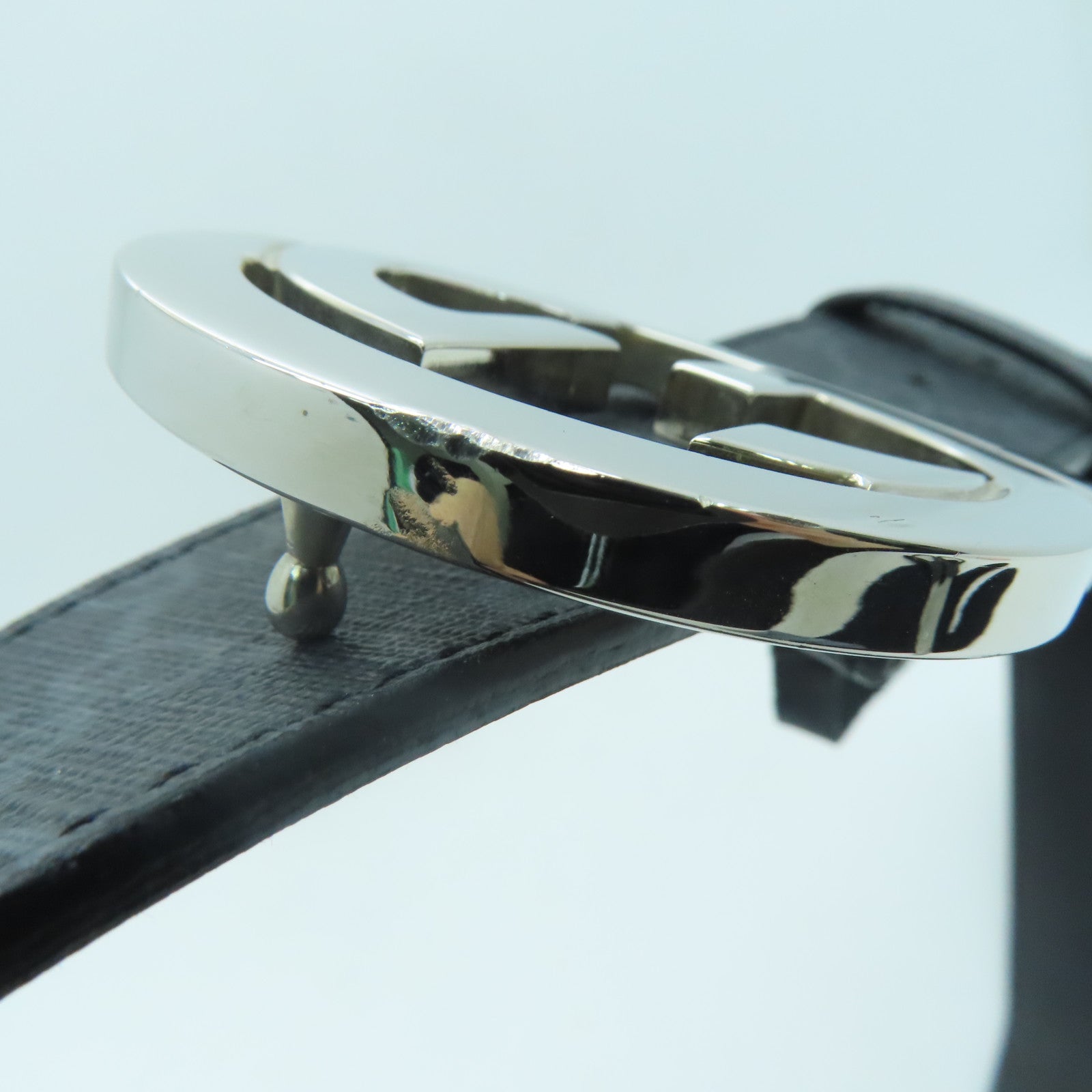 GUCCI PVC GG Supreme Belt 80cm銀扣皮帶黑色/灰色